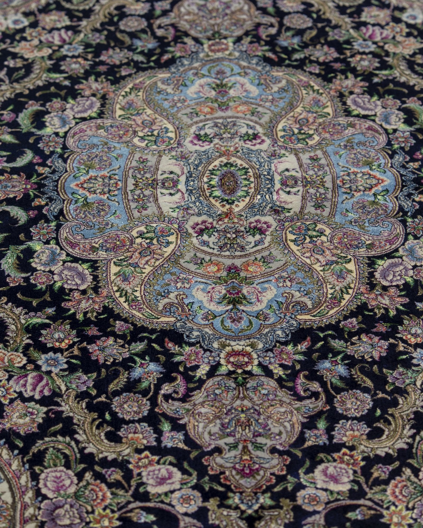 Niloufar Persian silk and wool carpet full angled view, navy 225x150 cm - Tabeer Homes Dubai