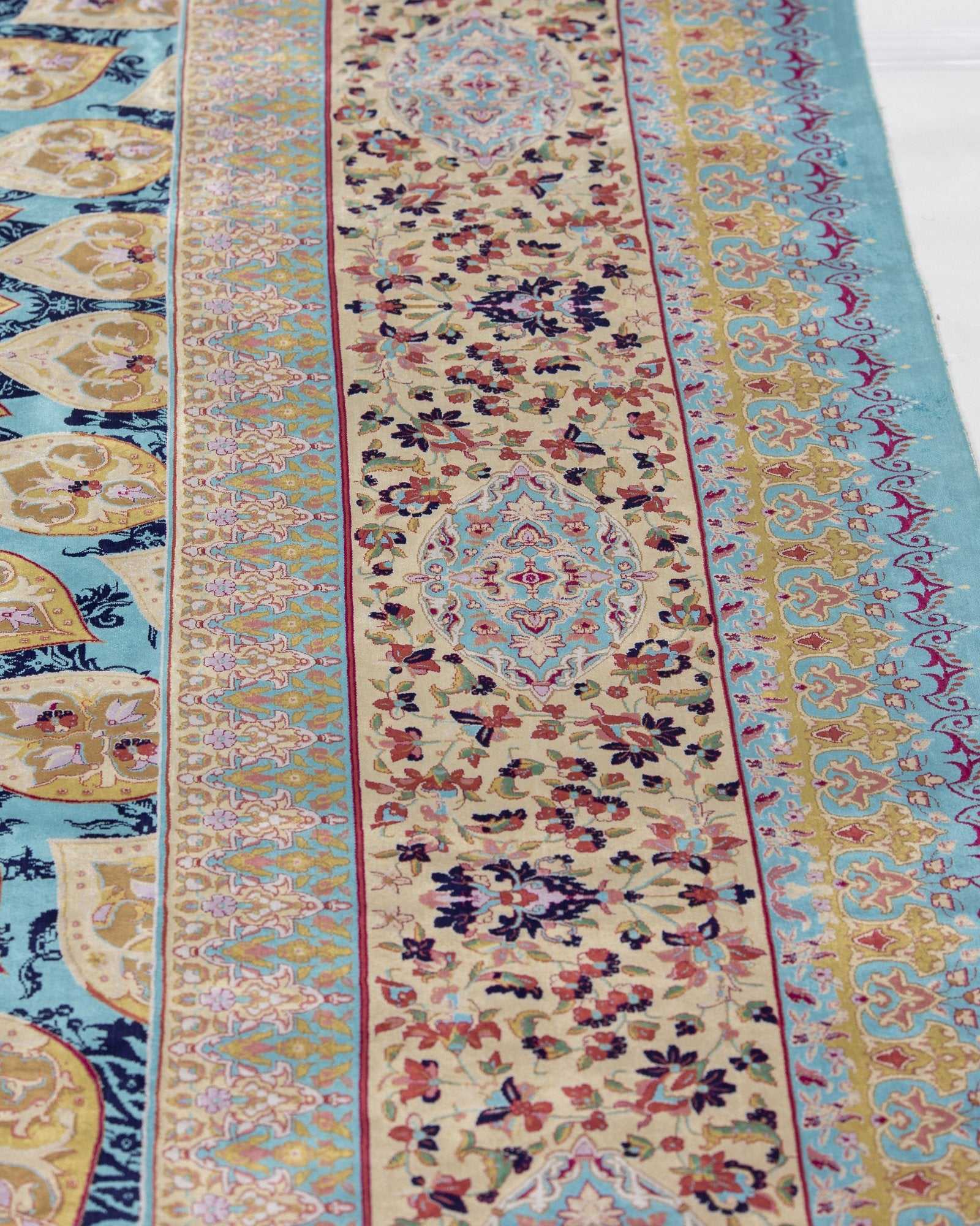 Ophira Persian silk rug pile texture and sheen, turquoise and gold 250 x 350 cm - Tabeer Homes Dubai