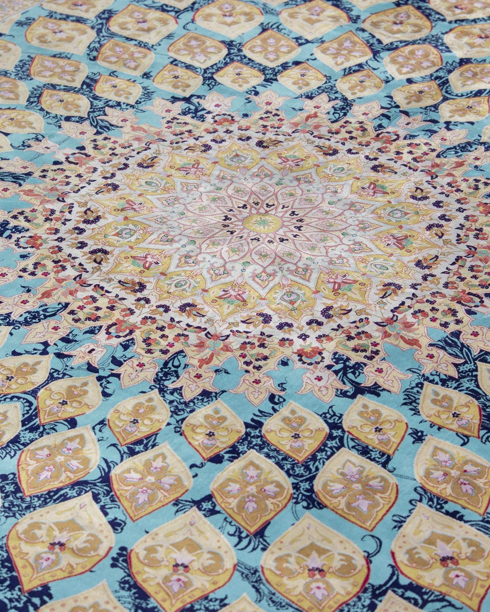 Ophira silk carpet spandrel and guard border in turquoise and gold, 250 x 350 cm - Tabeer Homes Dubai