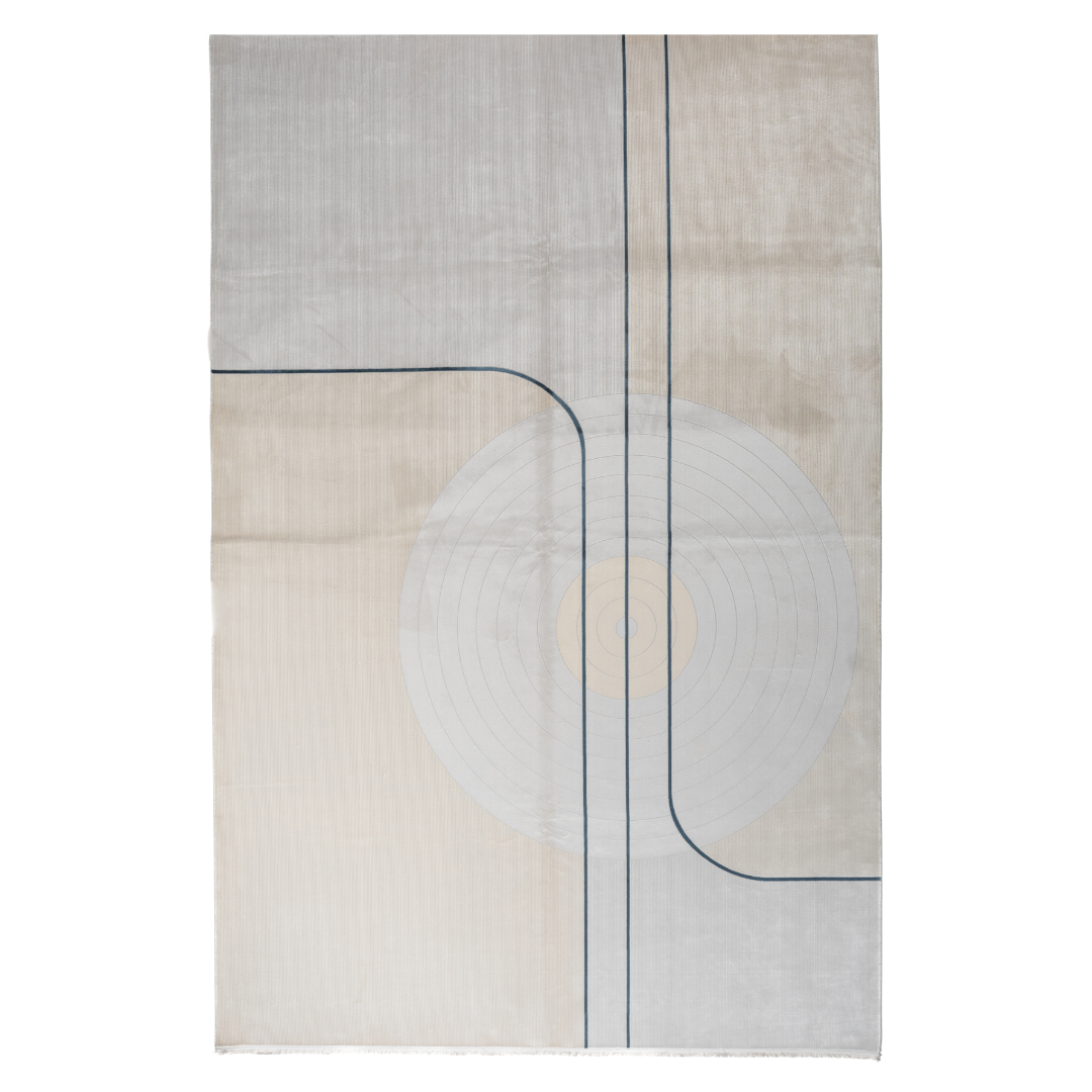 Orrin cotton Rug in 200x300 cm featuring beige and ivory tones with minimal blue line and circle design, made from soft silk blend.