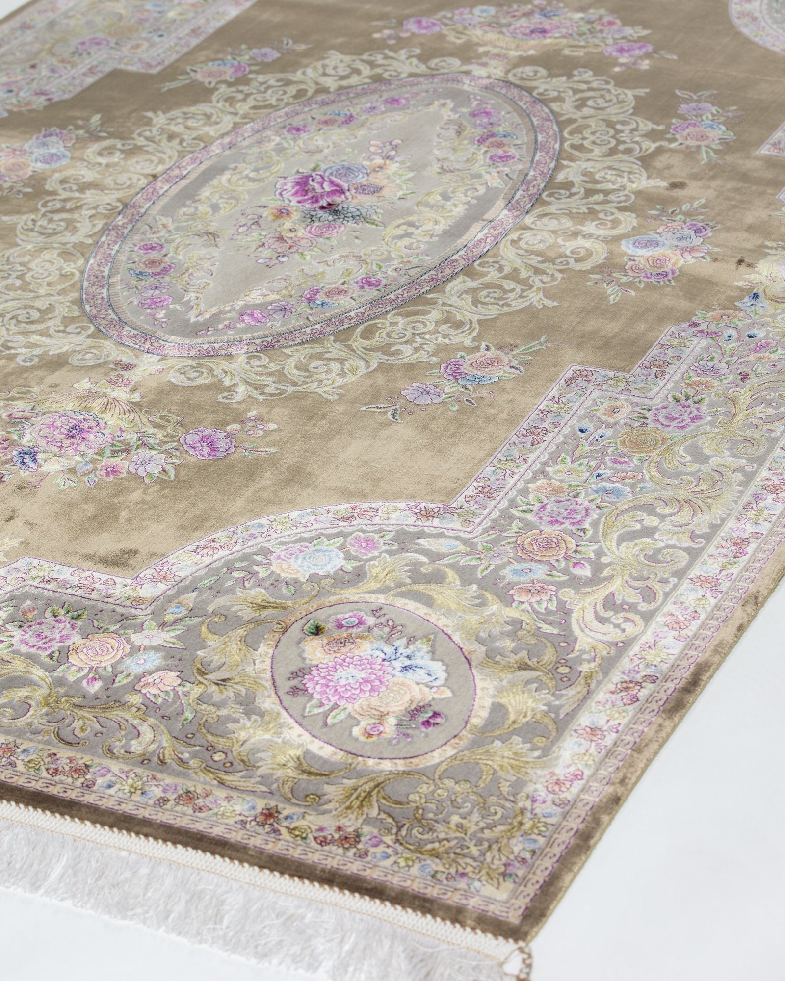 Ottavia Persian silk and wool rug centre medallion close-up, olive brown 225 x 150 cm - Tabeer Homes Dubai