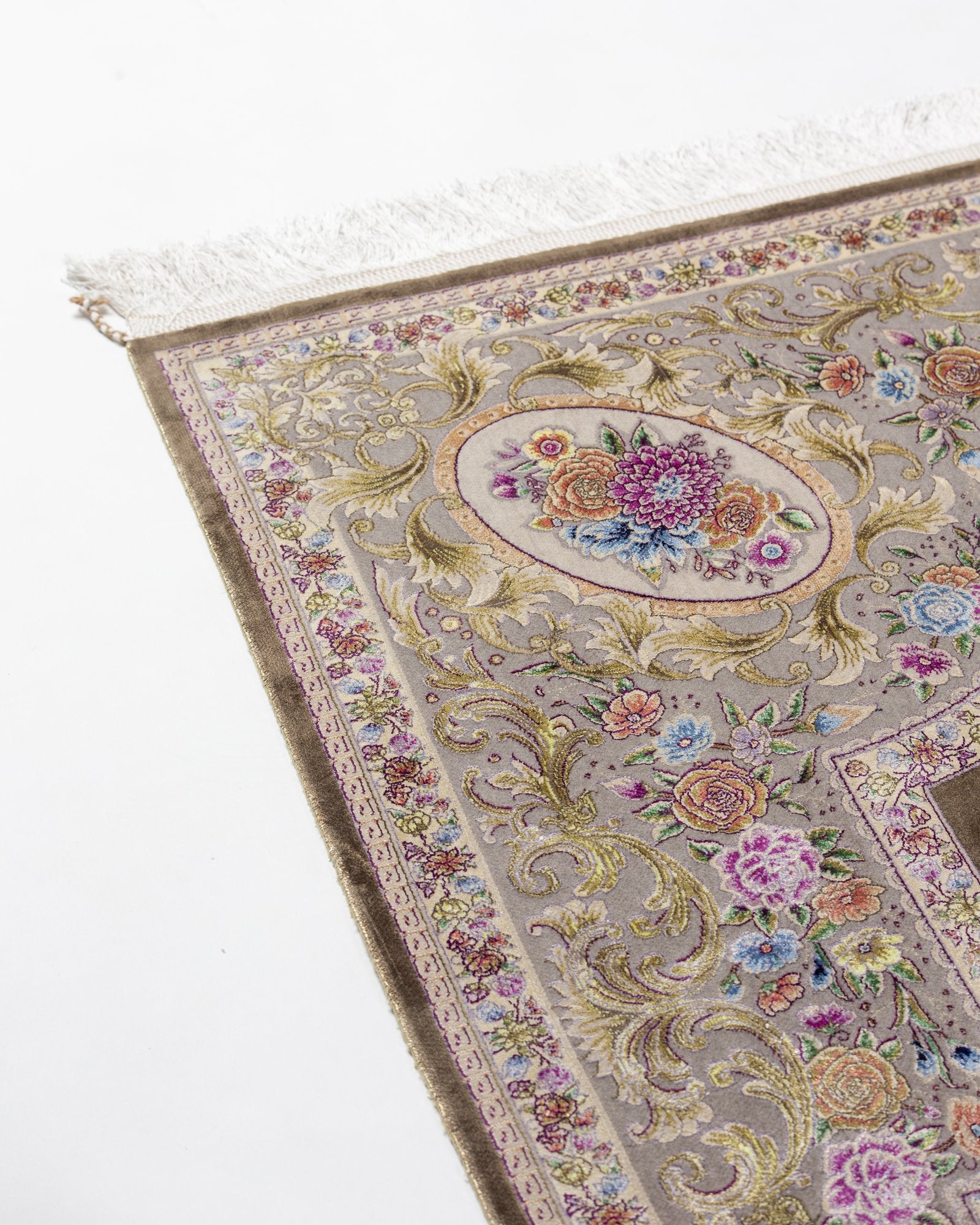 Ottavia silk and wool carpet angled view showing olive brown tones, 225 x 150 cm - Tabeer Homes Dubai