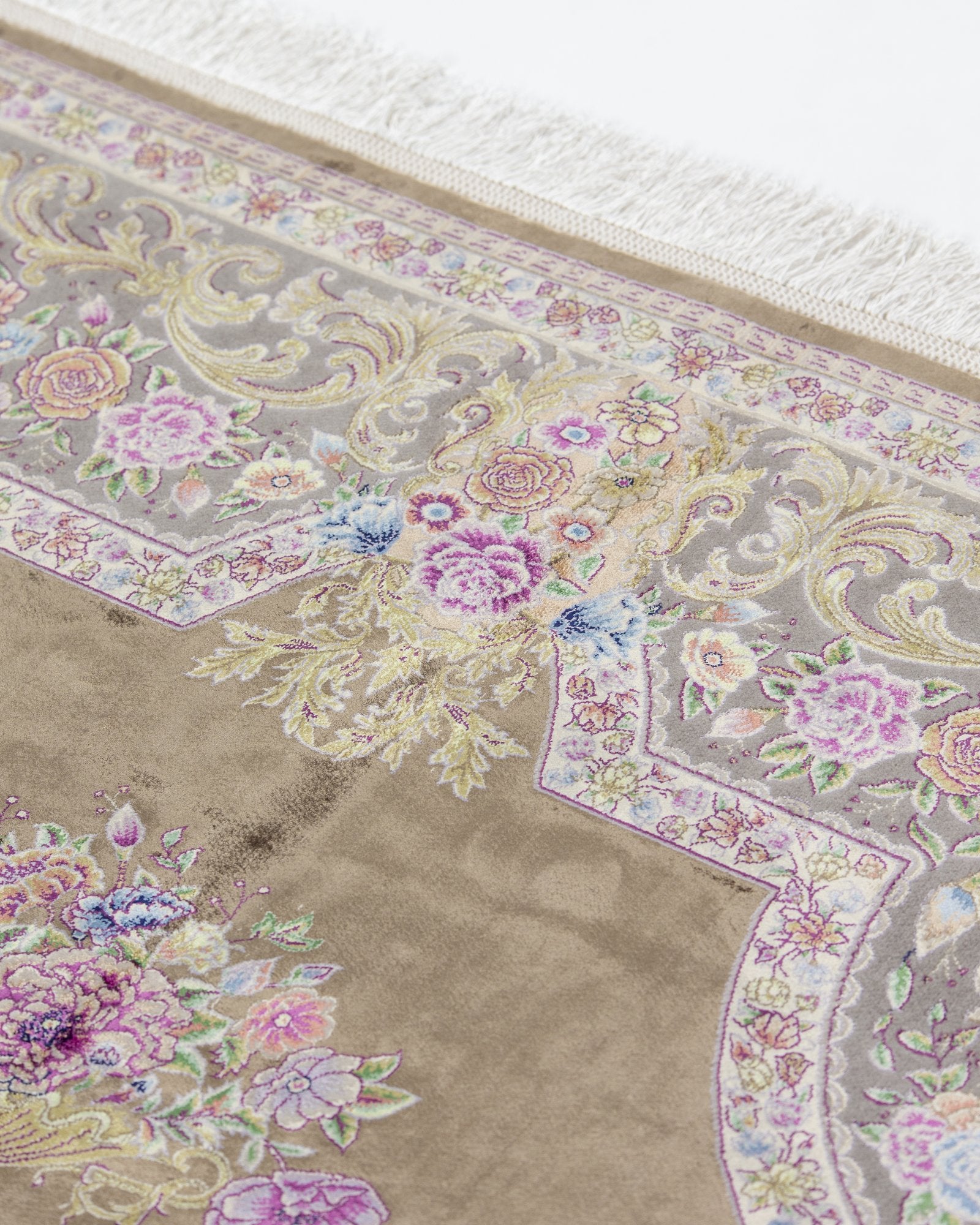 Ottavia silk and wool carpet floral motif close-up in olive brown, 225 x 150 cm - Tabeer Homes Dubai