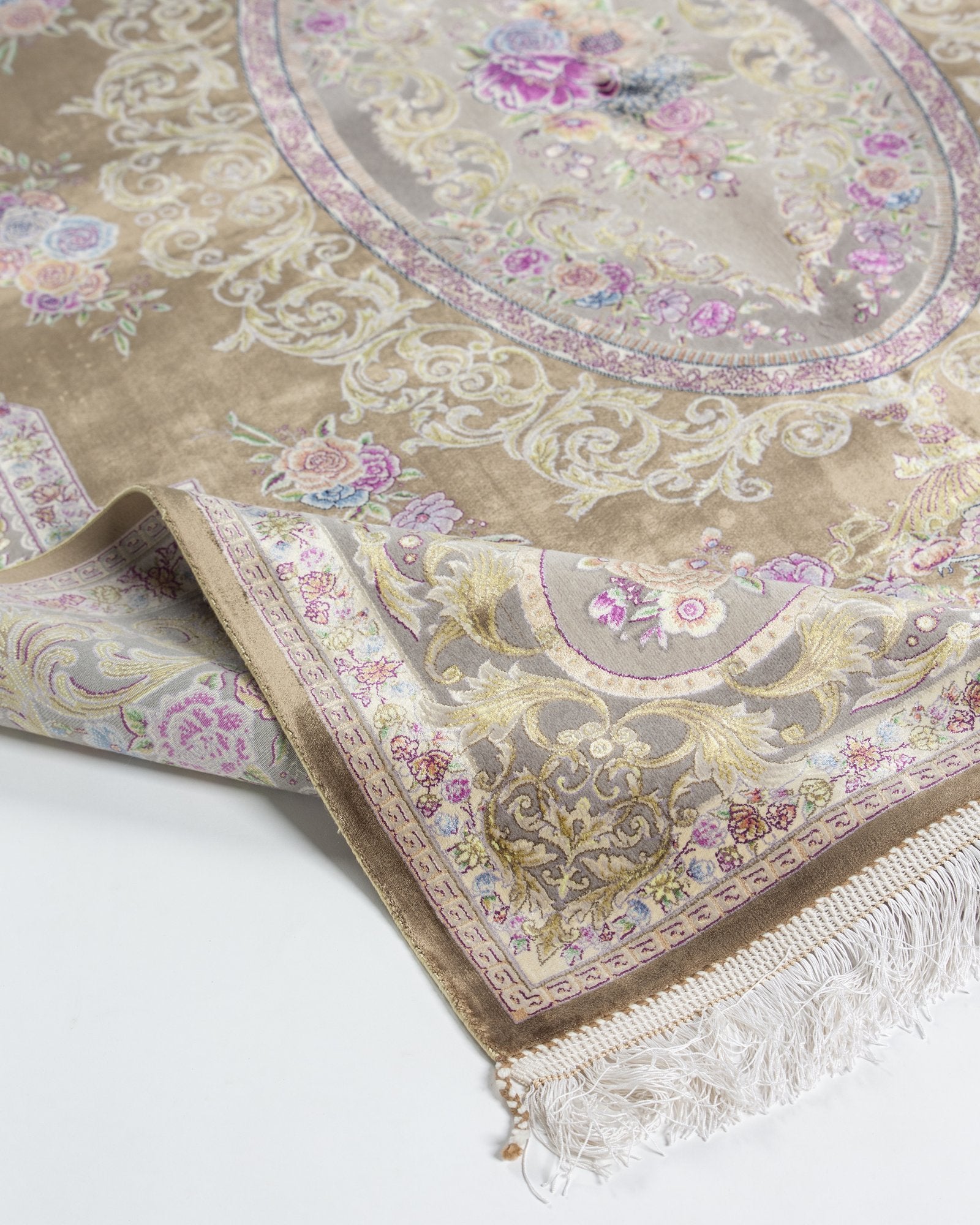 Ottavia Persian silk and wool rug edge binding and back detail, olive brown 225 x 150 cm - Tabeer Homes Dubai