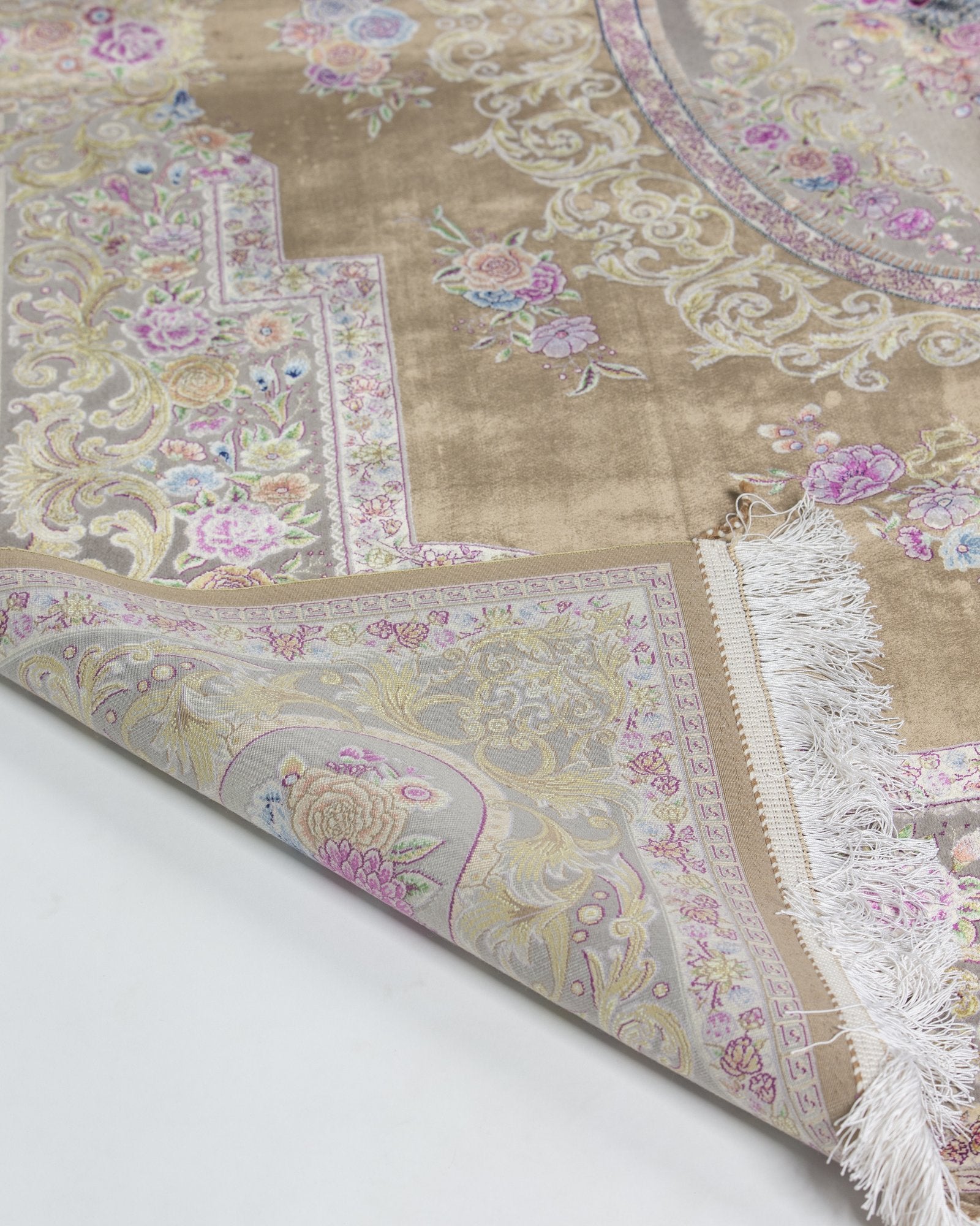 Ottavia Persian silk and wool rug side view showing depth of colour, olive brown 225 x 150 cm - Tabeer Homes Dubai