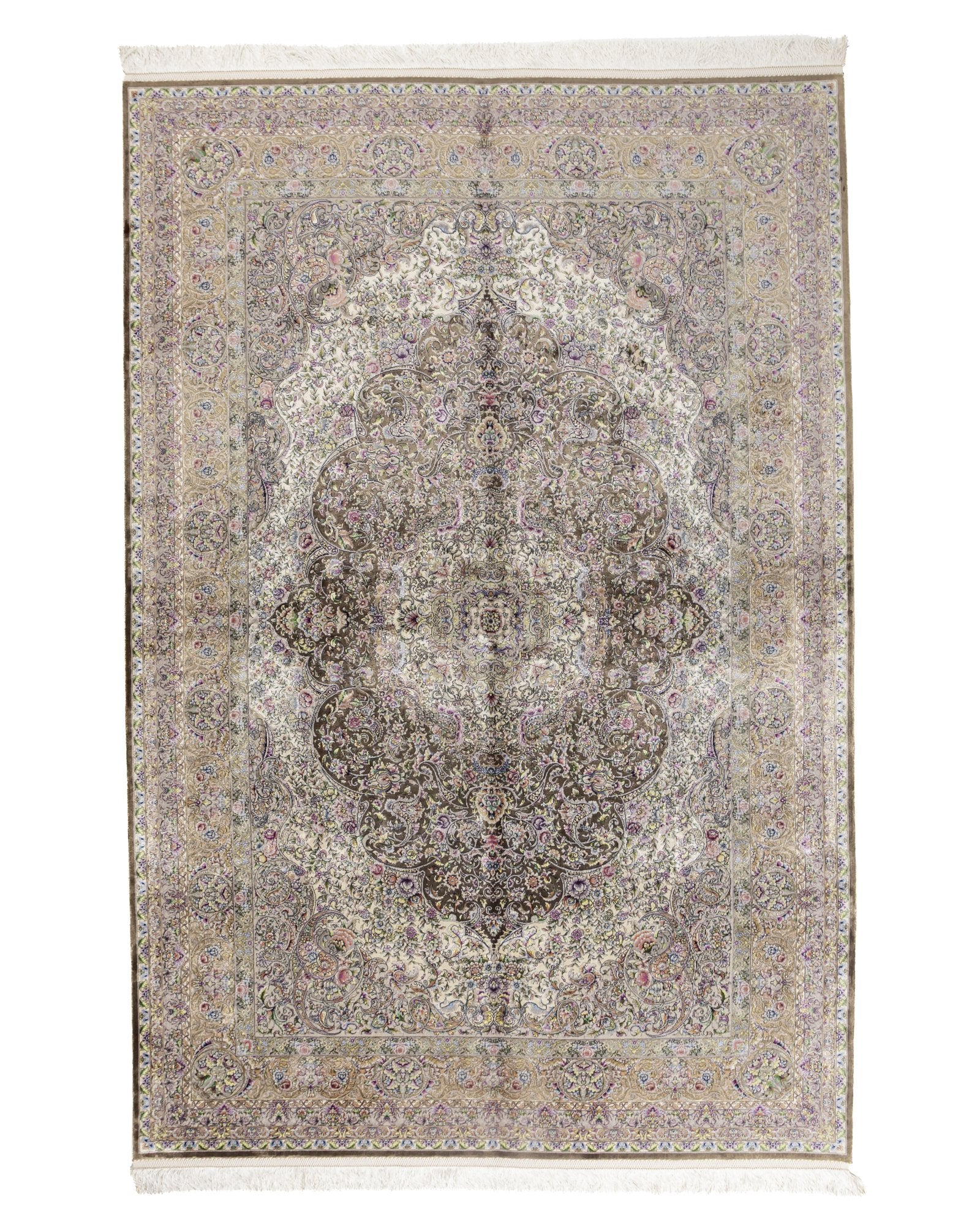 Perla Persian silk and wool carpet 225x150 cm in taupe, full overhead view - Tabeer Homes Dubai