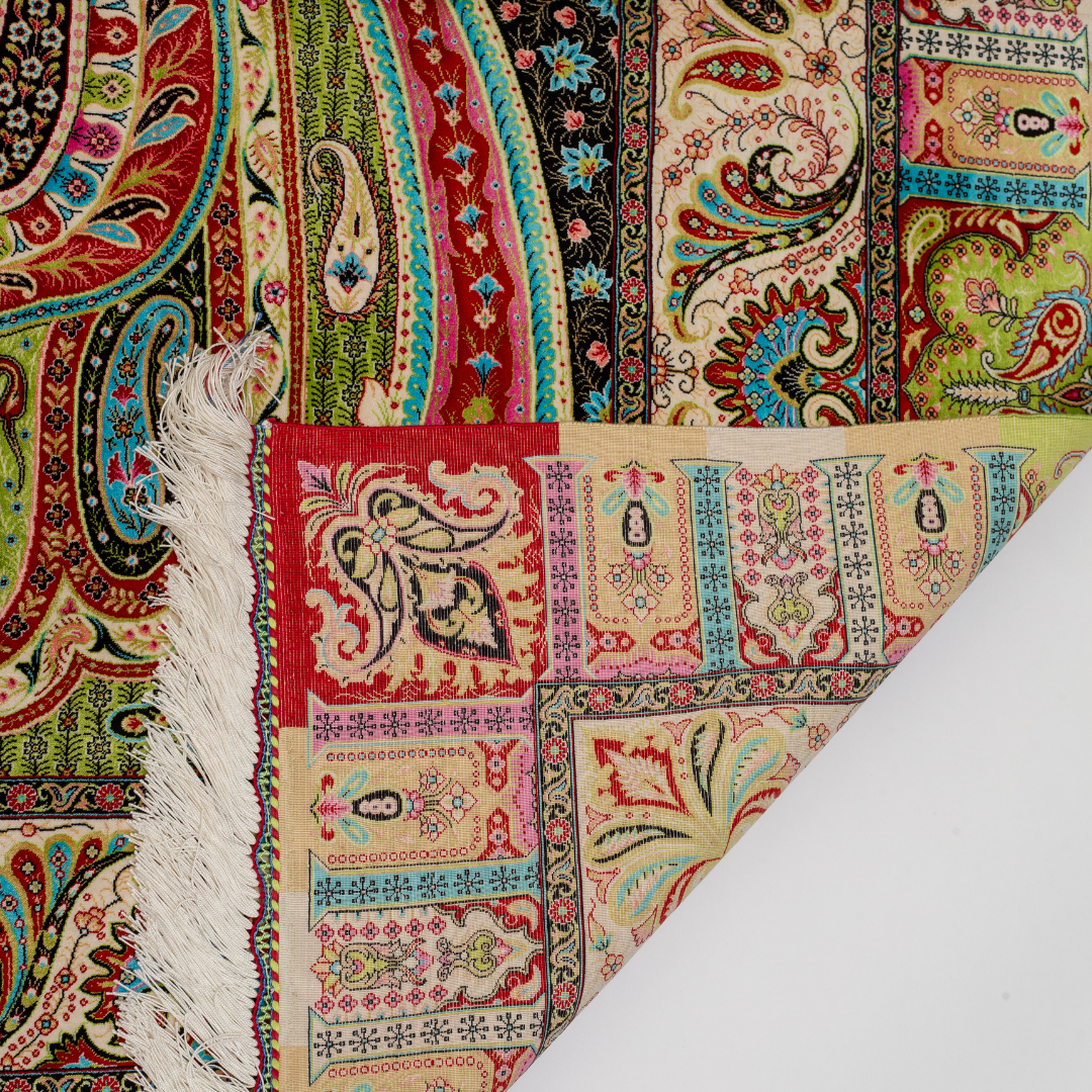 Ravana Silk Rug in 200x300 cms featuring intricate multicolour motifs with a bold medallion, paisleys, and vibrant borders.