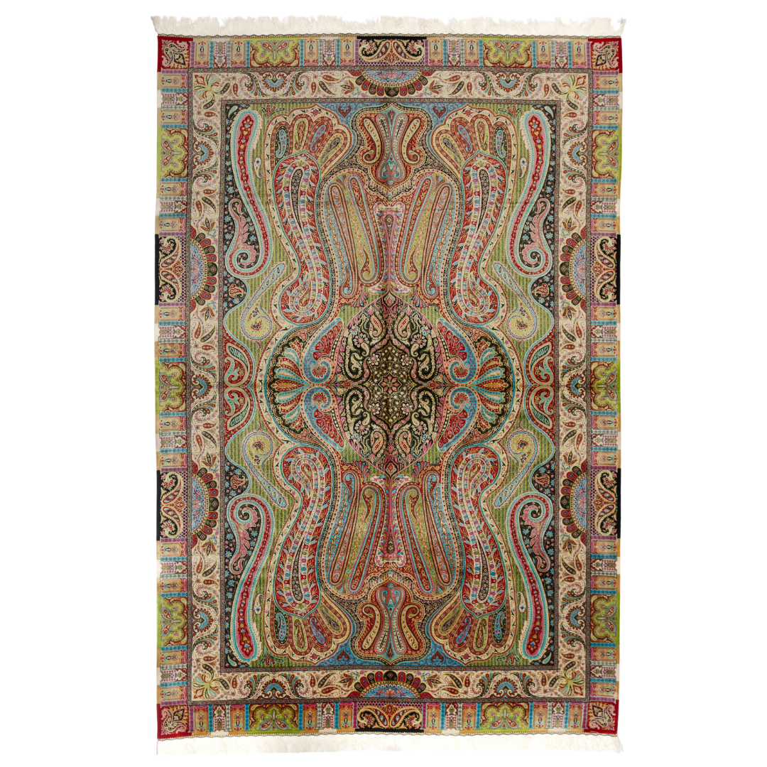 Ravana Silk Rug in 200x300 cms featuring intricate multicolour motifs with a bold medallion, paisleys, and vibrant borders.