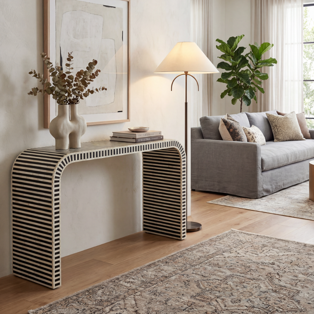 Saphed Console Table - Black & White Bone Inlay