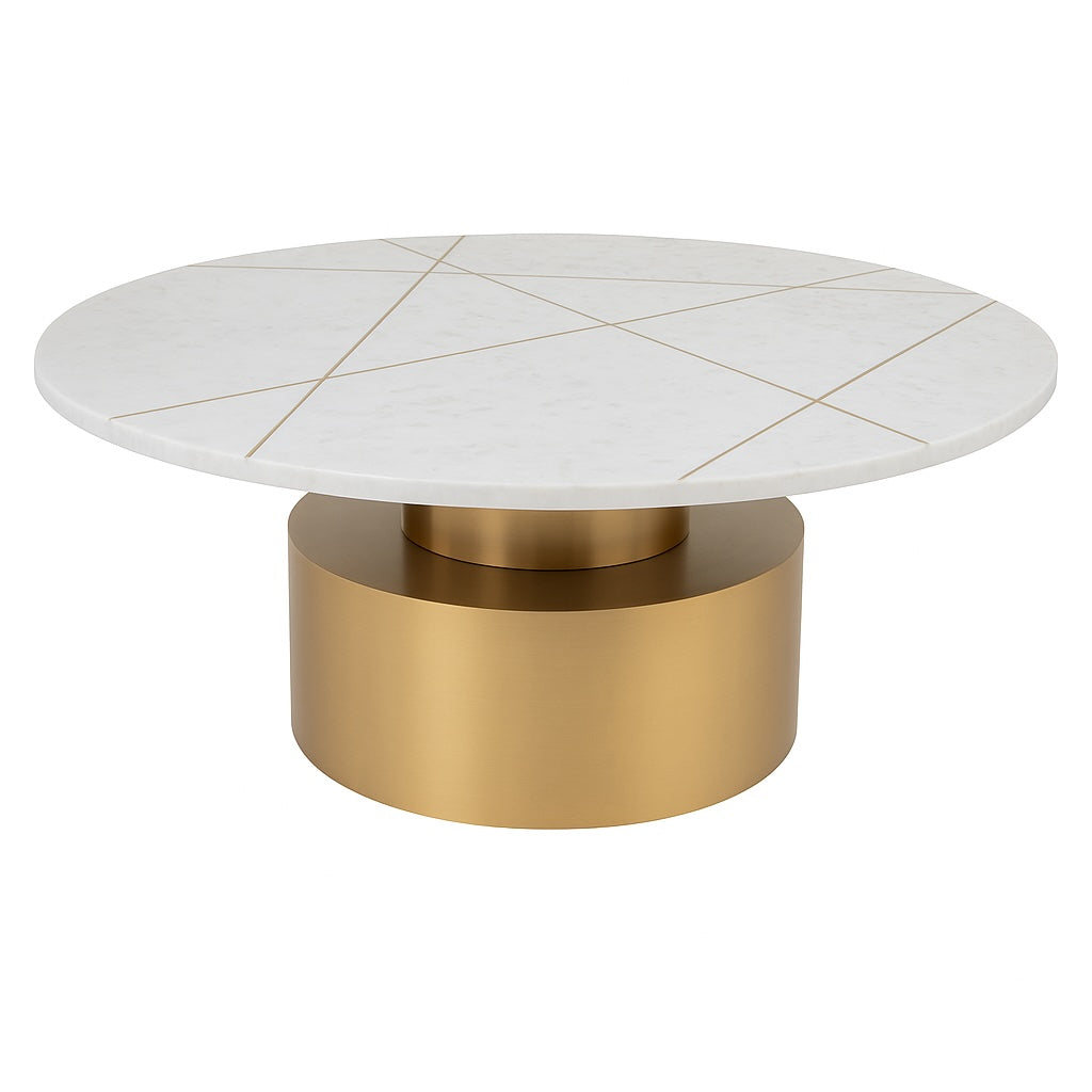 White marble coffee table with golden cylindrical base and linear inlay accents