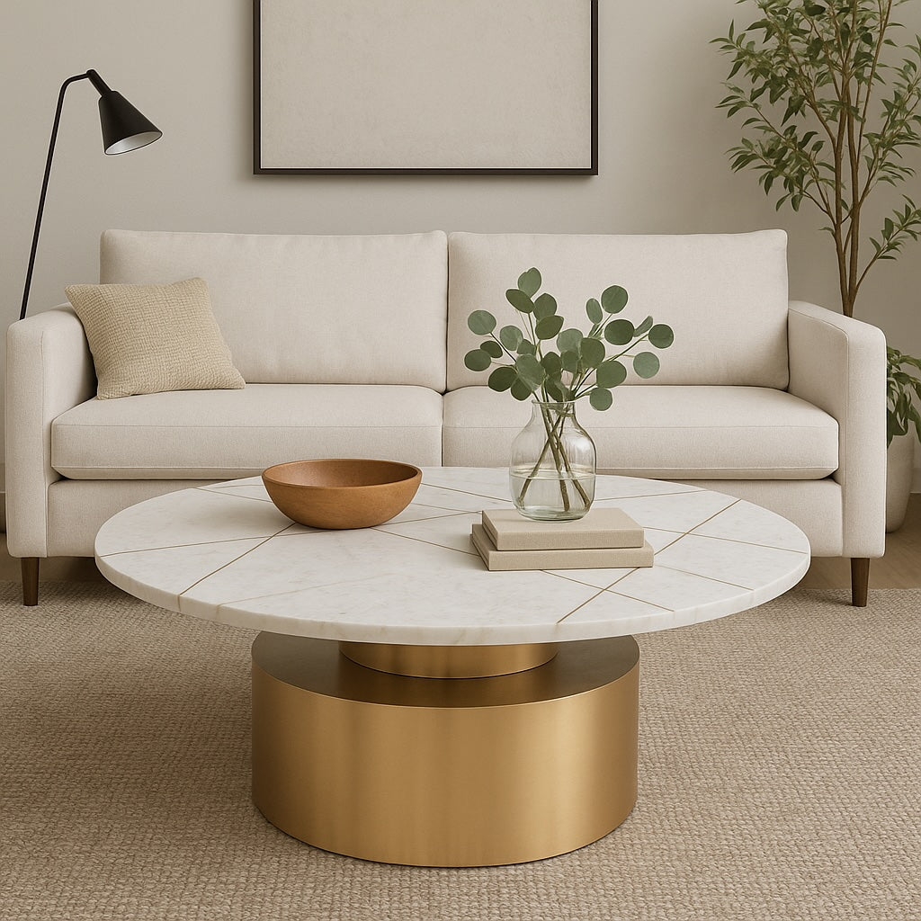 White marble coffee table with golden cylindrical base and linear inlay accents