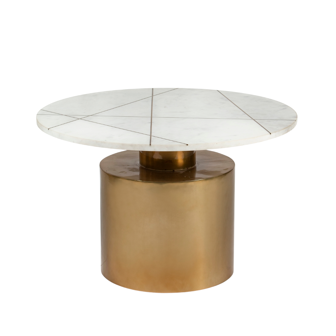 White marble coffee table with golden cylindrical base and linear inlay accents