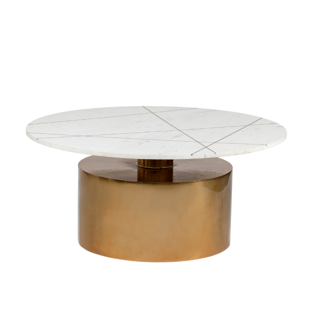 White marble coffee table with golden cylindrical base and linear inlay accents