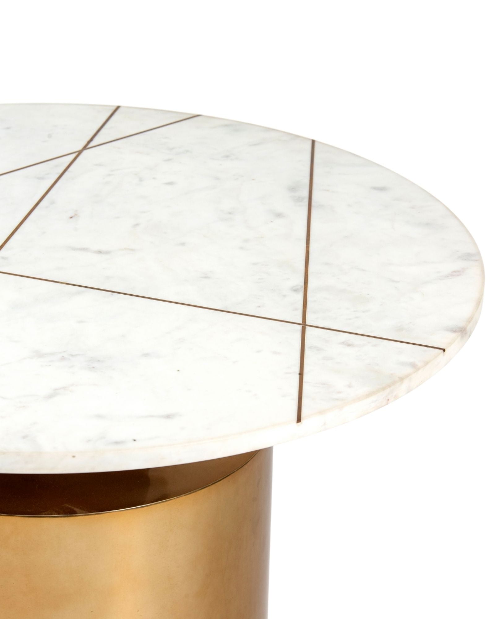 White marble coffee table with golden cylindrical base and linear inlay accents
