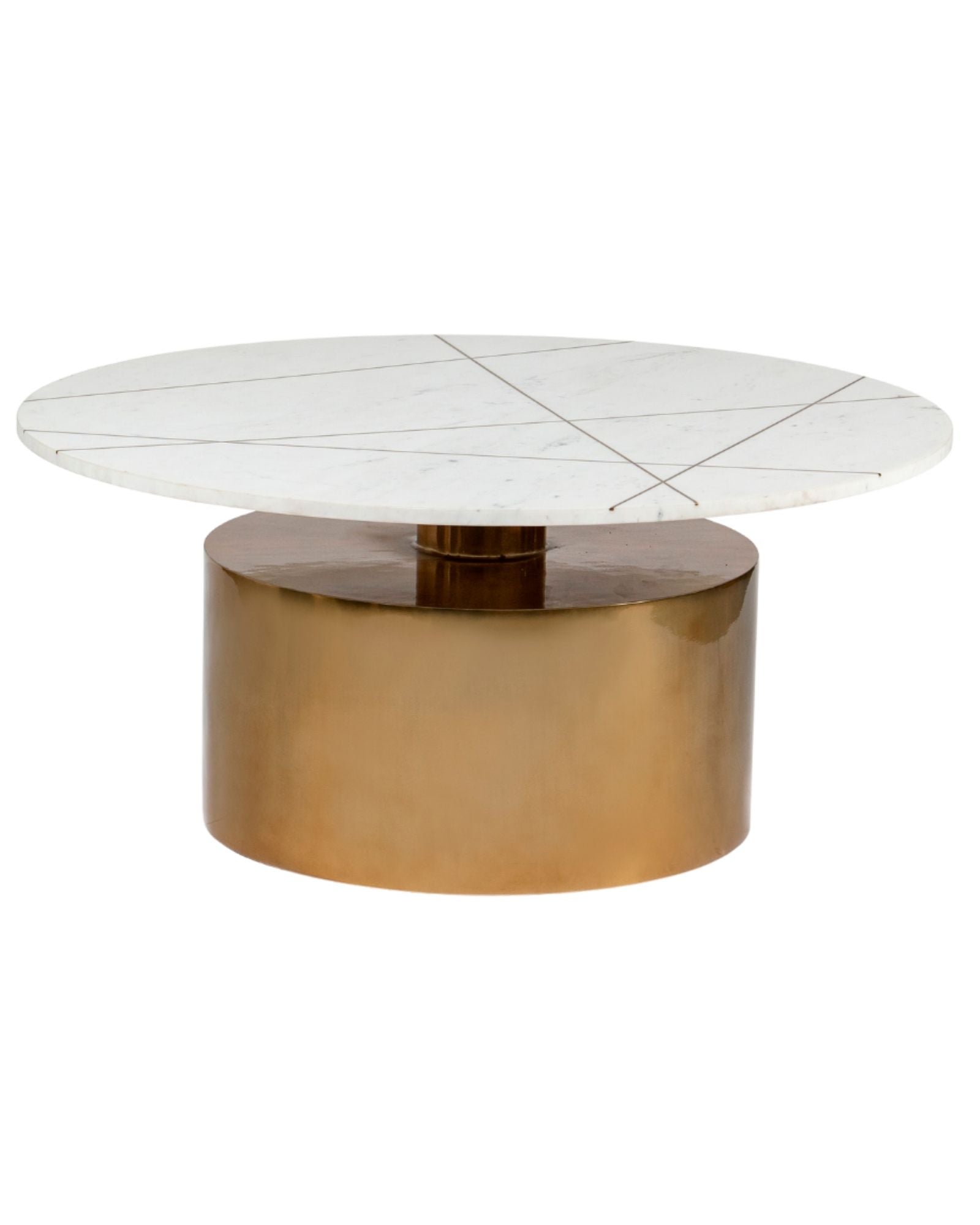 White marble coffee table with golden cylindrical base and linear inlay accents