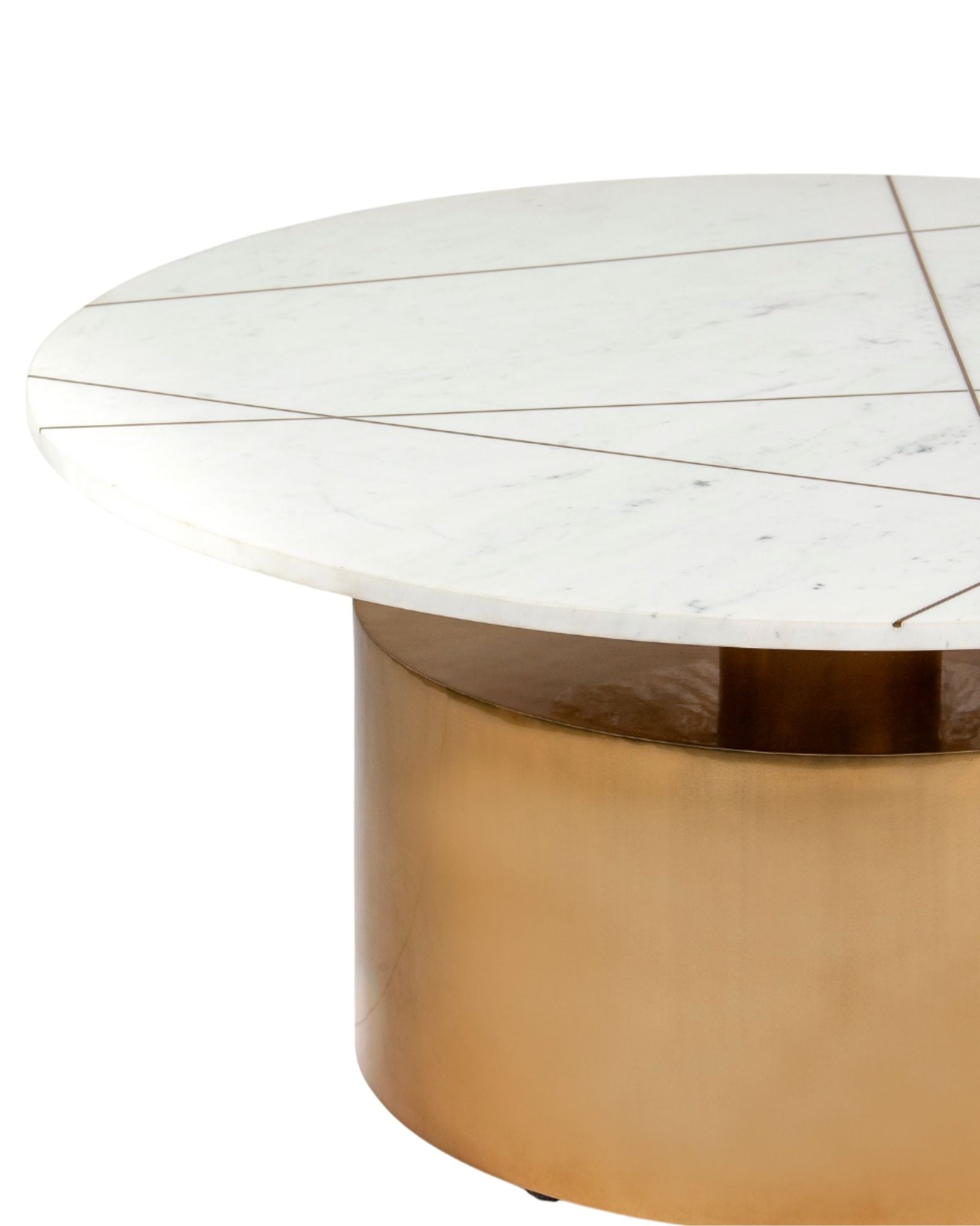 White marble coffee table with golden cylindrical base and linear inlay accents