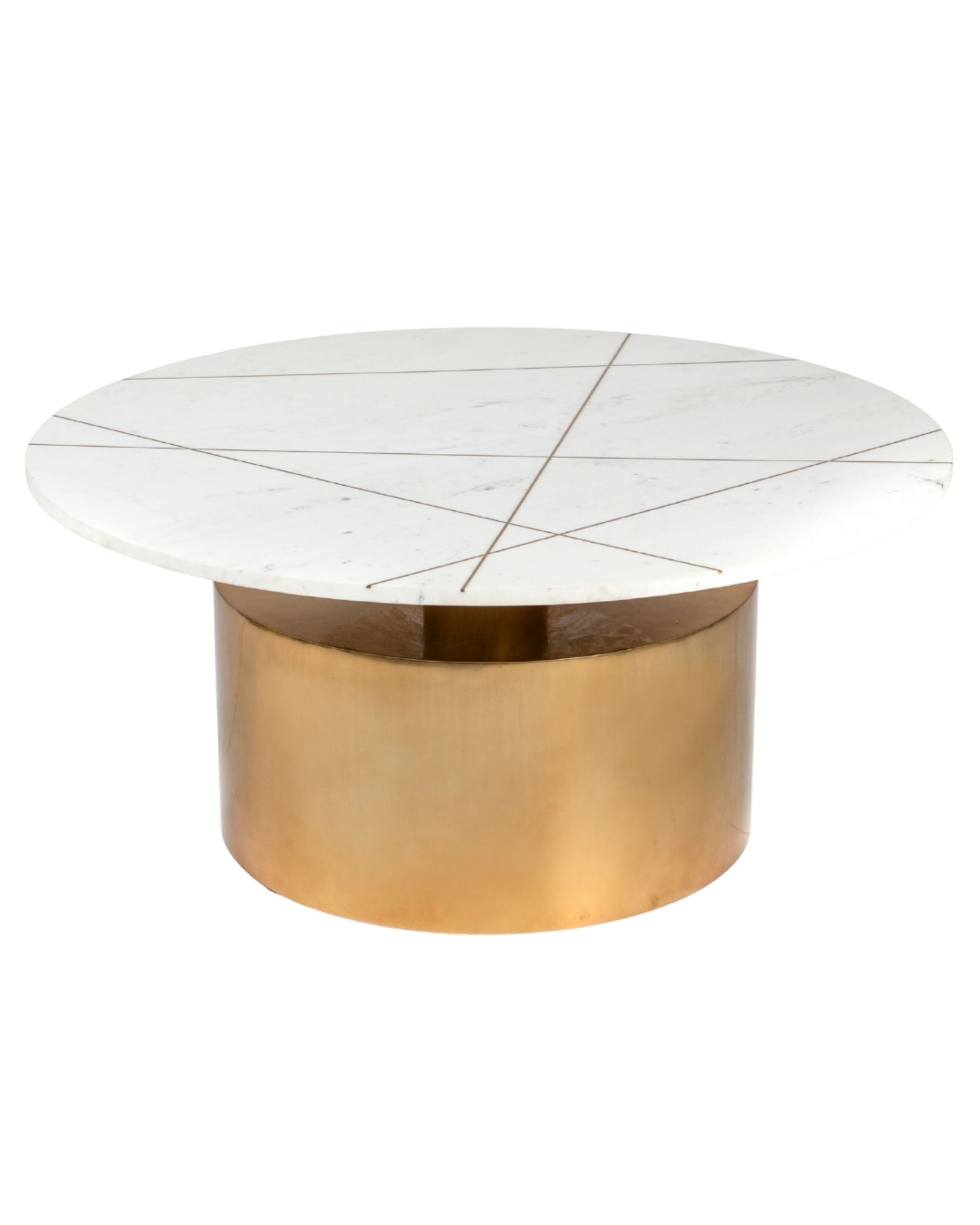 White marble coffee table with golden cylindrical base and linear inlay accents
