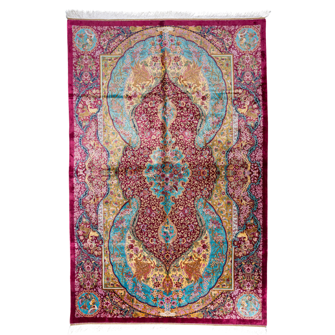 Opulent silk rug with ruby base and turquoise floral accents. Detailed handwoven artistry ideal for luxury, dramatic interior settings.