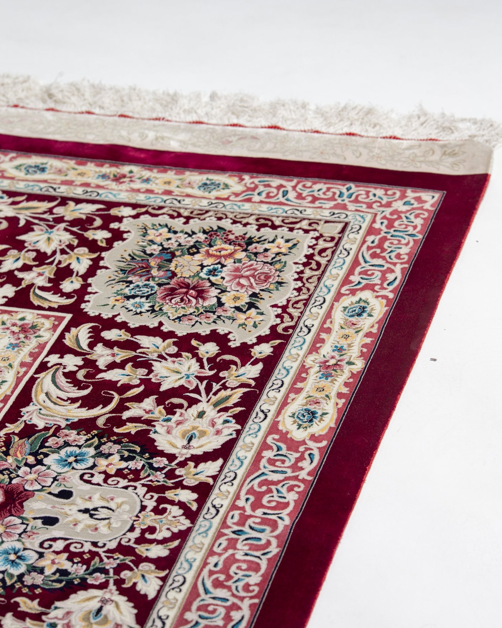 Roshanak silk carpet angled view showing rose pink tones, 300 x 400 cm - Tabeer Homes Dubai