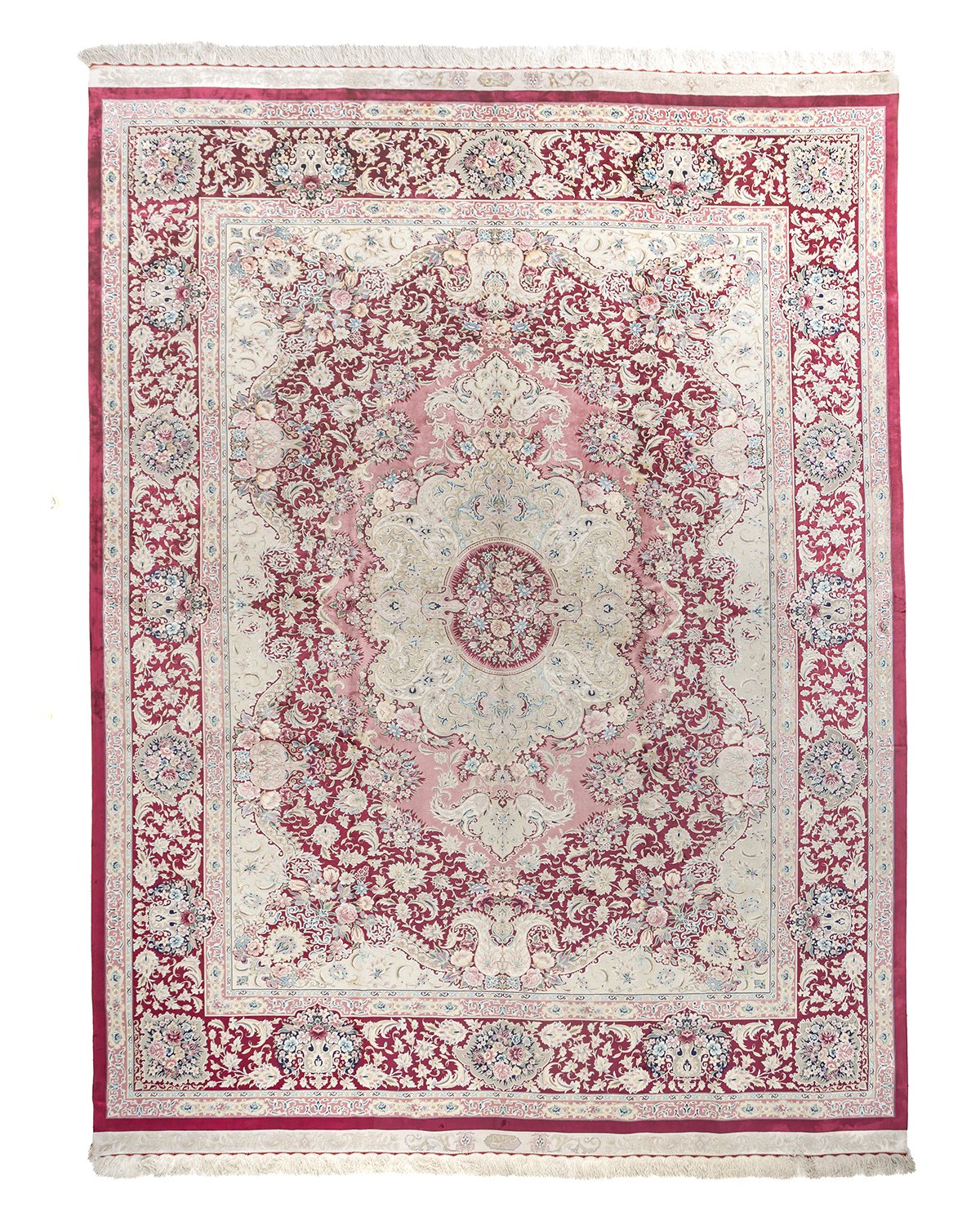 Roshanak Persian silk carpet 300 x 400 cm in rose pink, full overhead view - Tabeer Homes Dubai