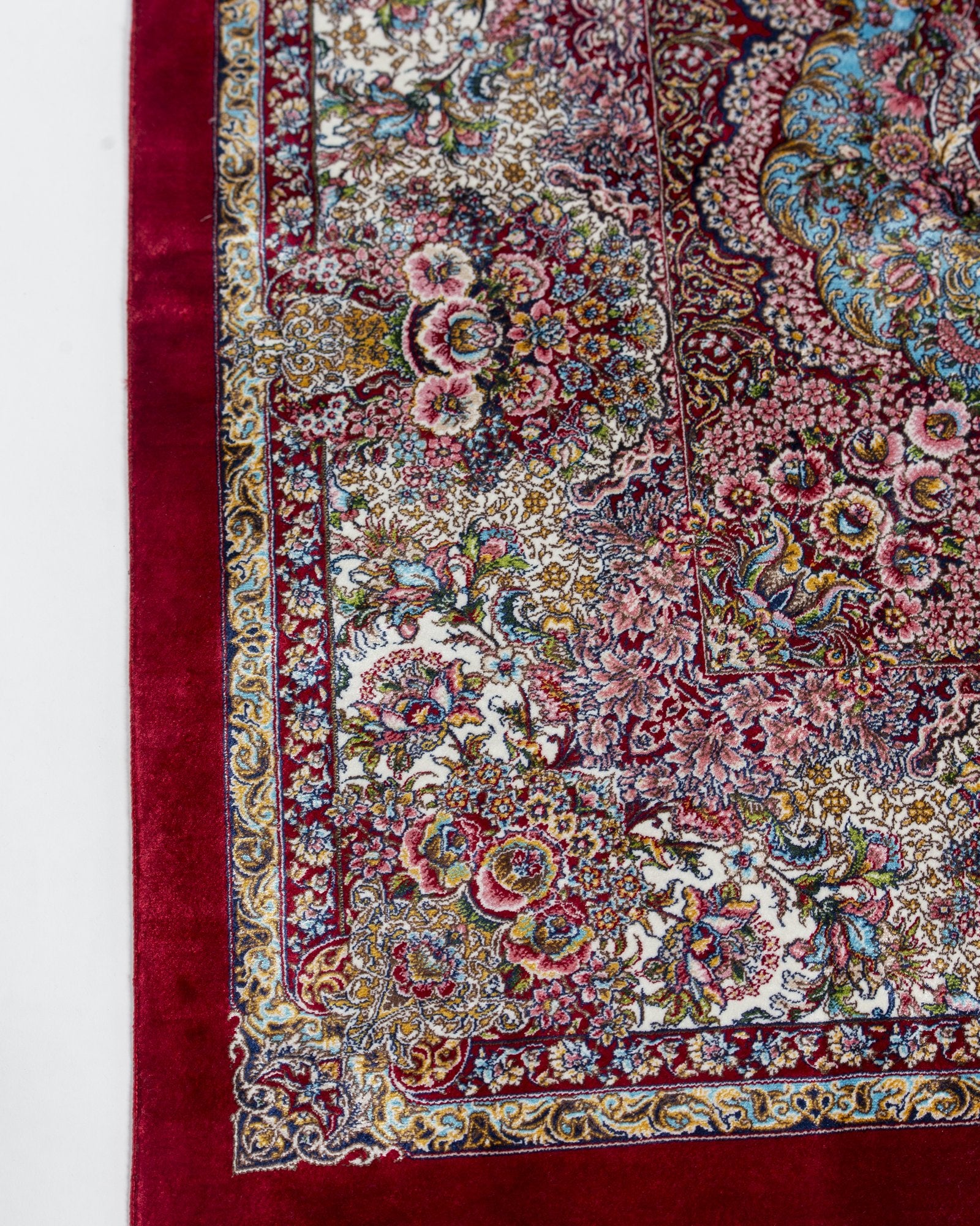 Roxana Persian silk carpet full angled view, red 225x150 cm - Tabeer Homes Dubai