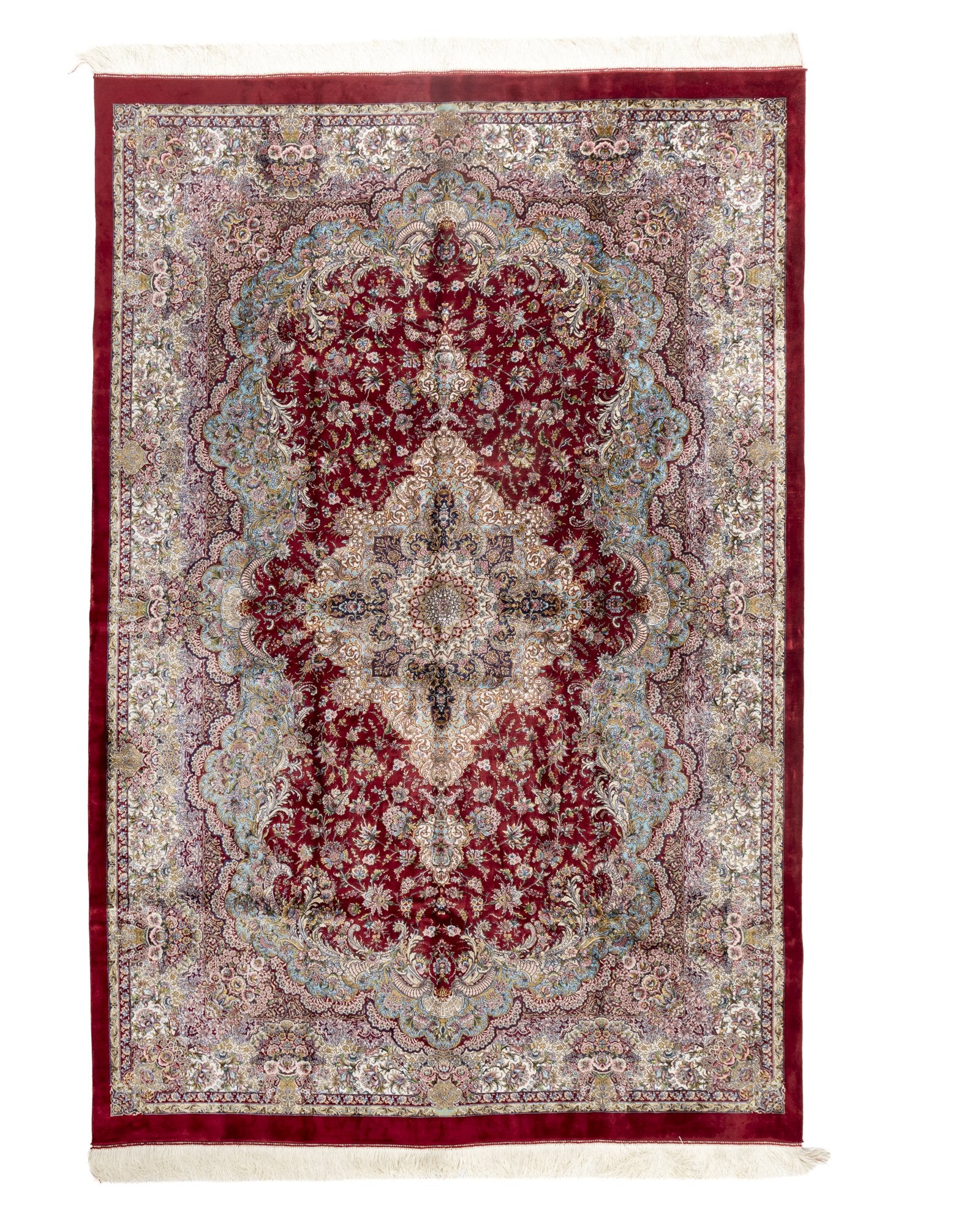 Roxana Persian silk carpet 225x150 cm in red, full overhead view - Tabeer Homes Dubai