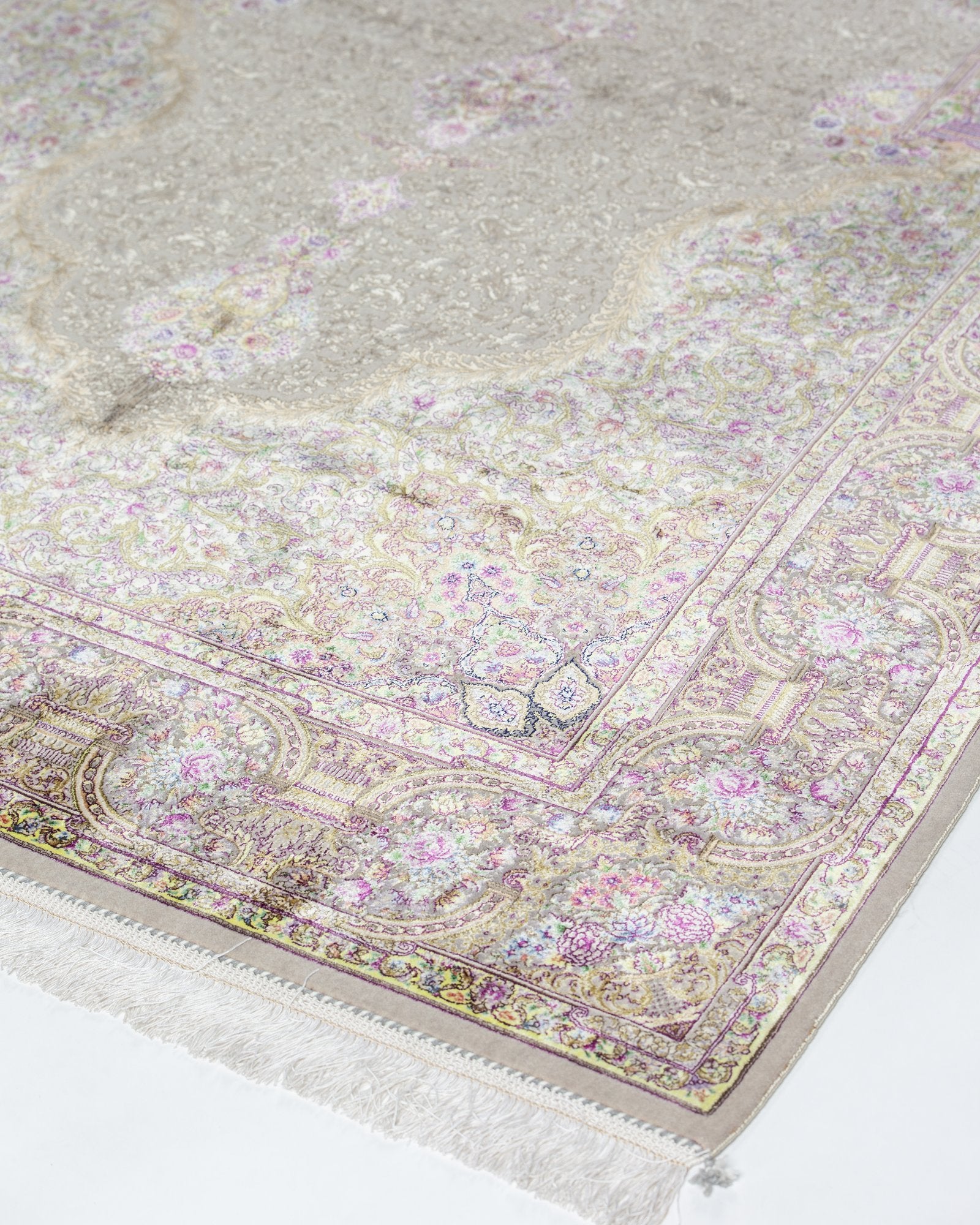 Sabina Persian silk and wool carpet design detail in champagne, 225 x 150 cm - Tabeer Homes Dubai