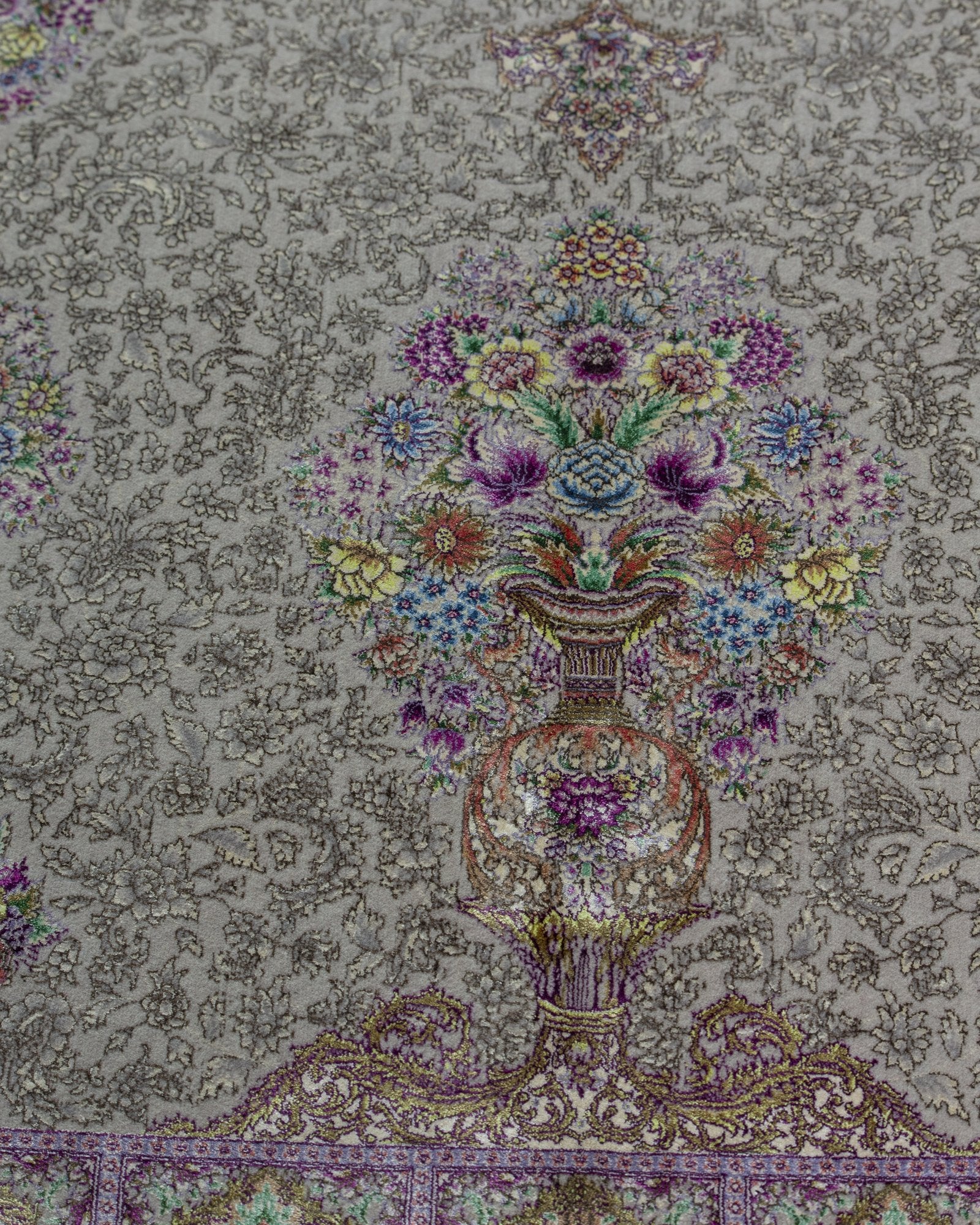 Sabina silk and wool carpet angled view showing champagne tones, 225 x 150 cm - Tabeer Homes Dubai