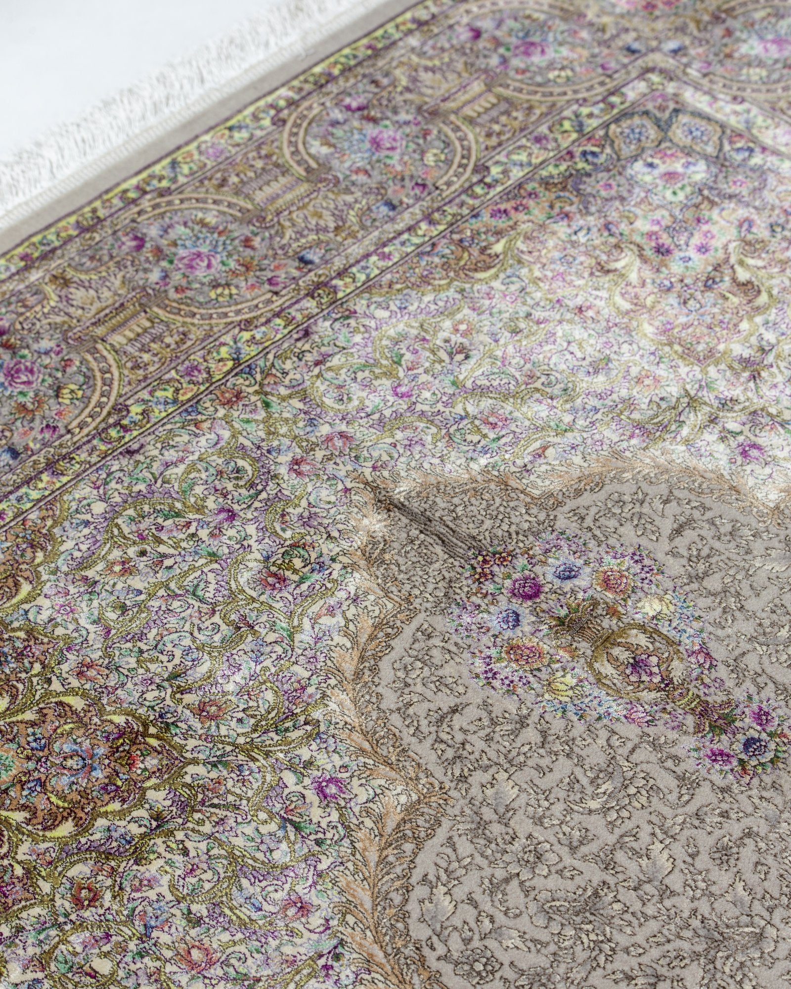 Sabina silk and wool carpet floral motif close-up in champagne, 225 x 150 cm - Tabeer Homes Dubai