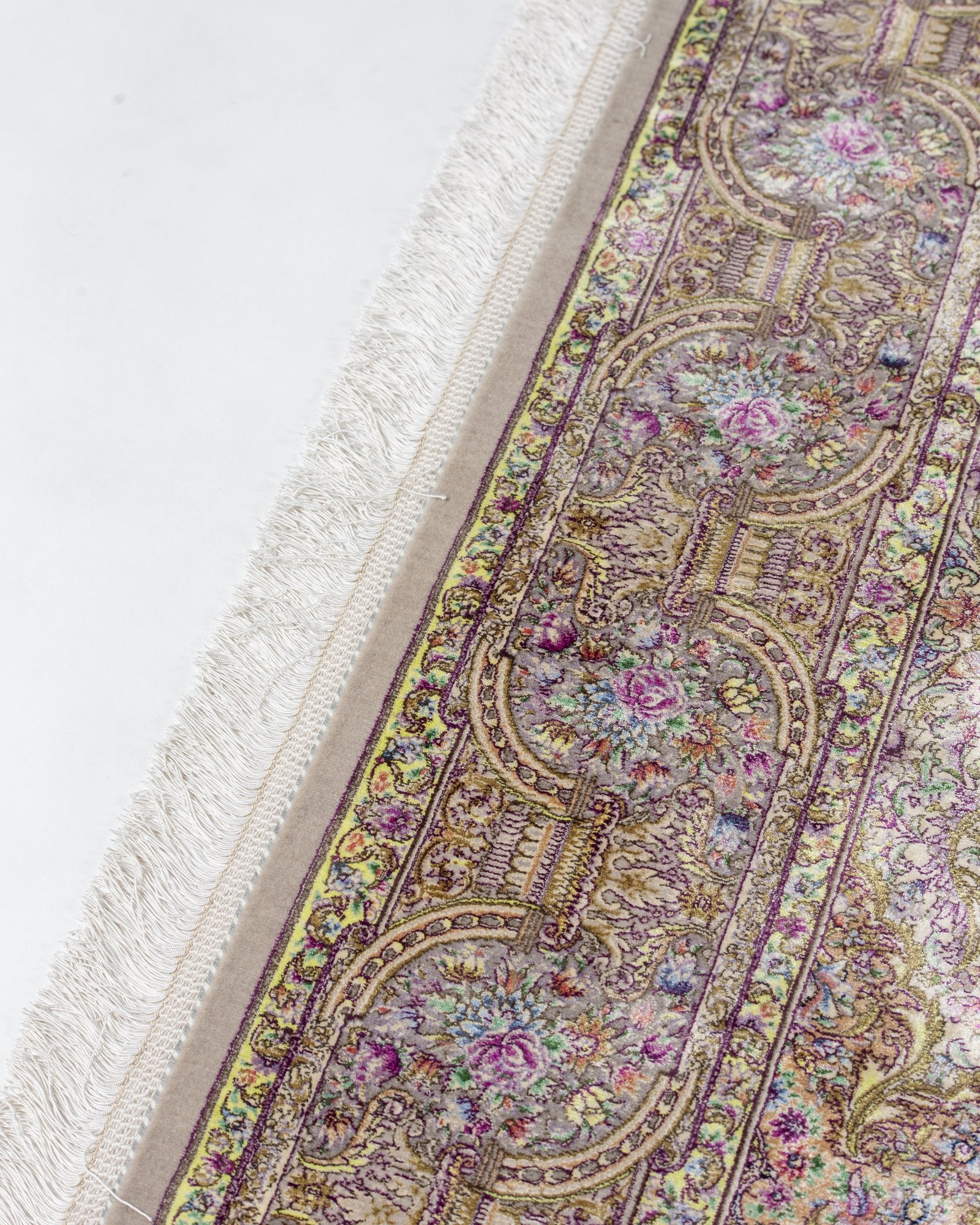 Sabina Persian silk and wool rug folded corner showing fine weave, champagne 225 x 150 cm - Tabeer Homes Dubai