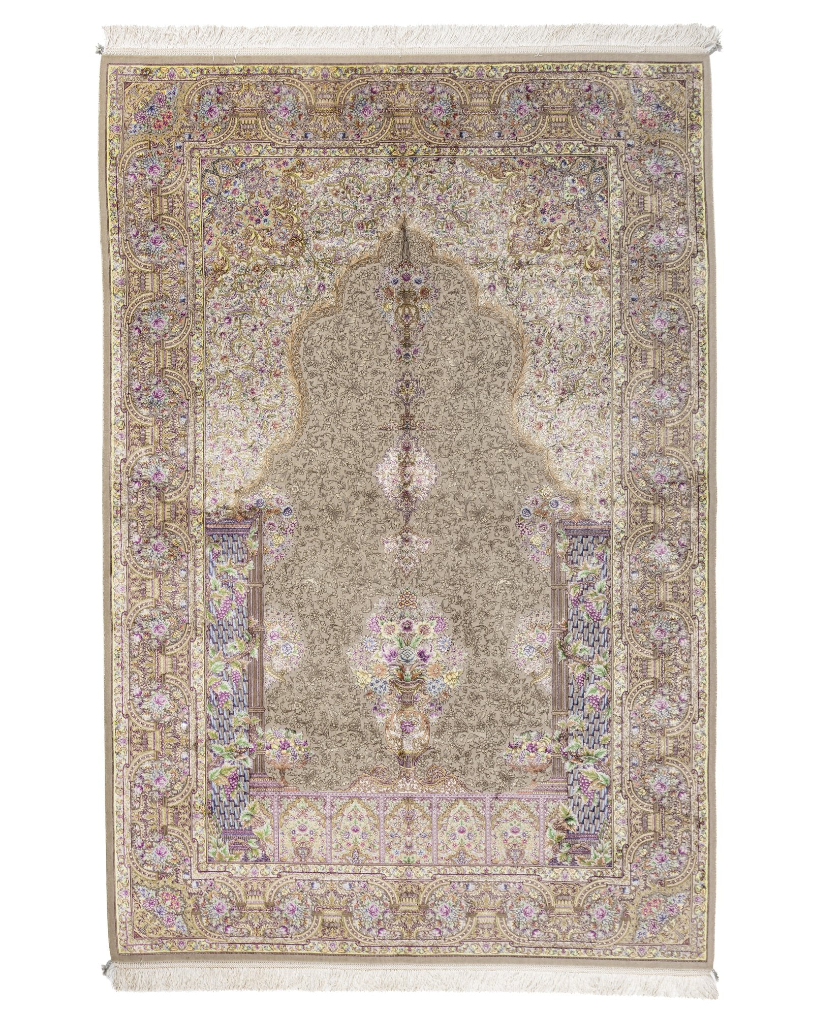Sabina Persian silk and wool carpet 225 x 150 cm in champagne, full overhead view - Tabeer Homes Dubai