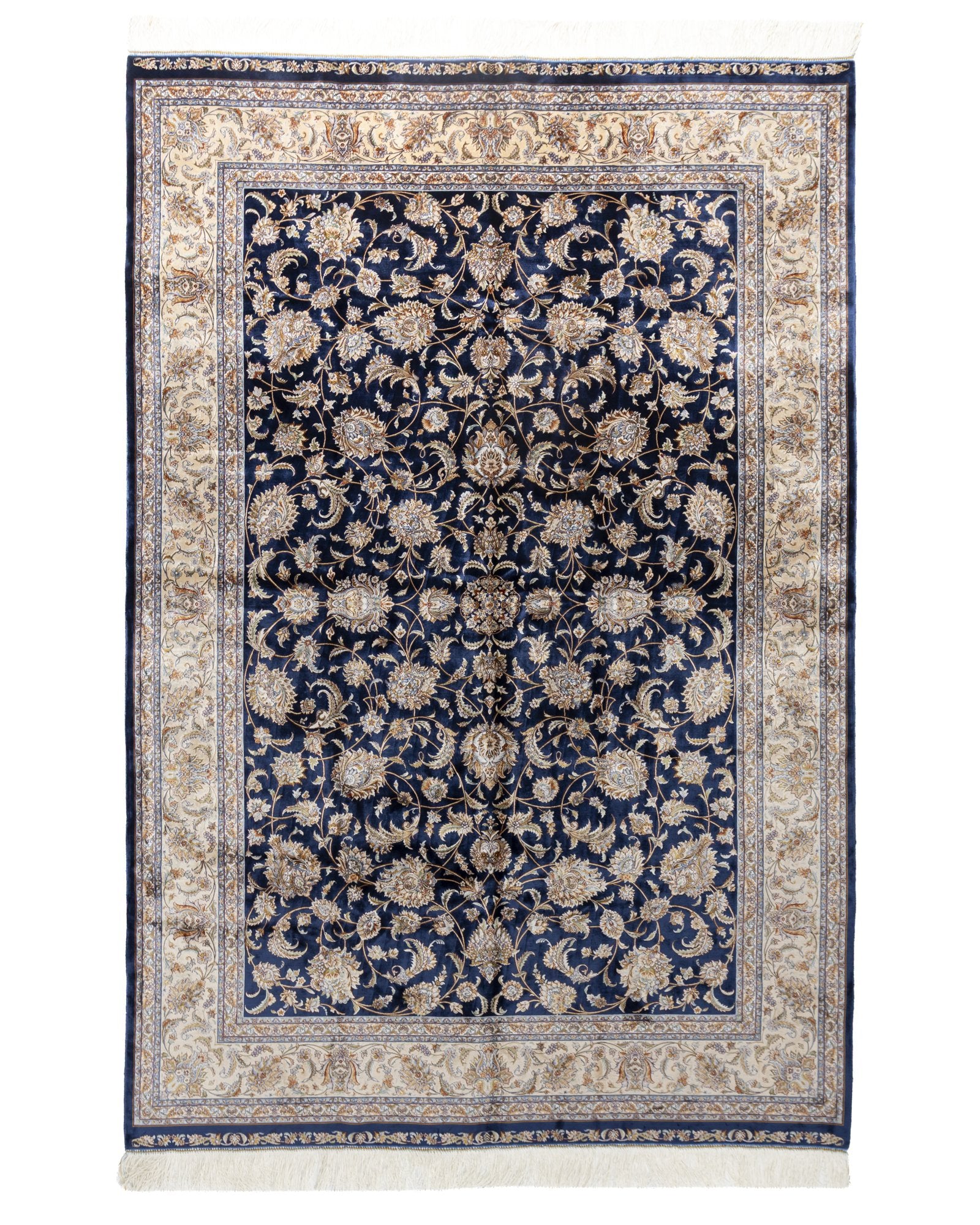 Sapphira Persian silk carpet 225x150 cm in royal blue, full overhead view - Tabeer Homes Dubai