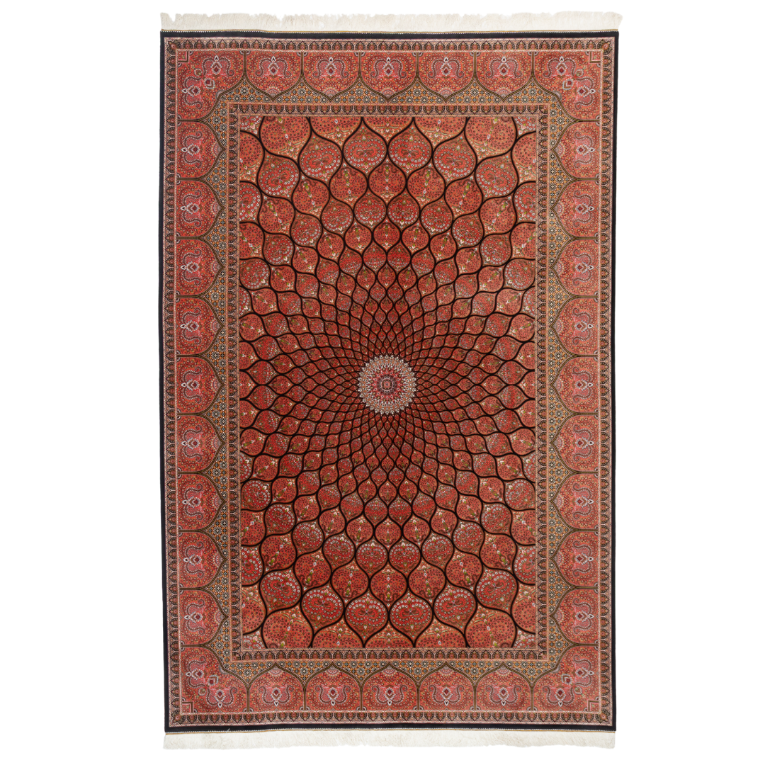 Detailed view of the Sarveen silk rug in 200x300 cms featuring a red medallion pattern with floral motifs and intricate border work.