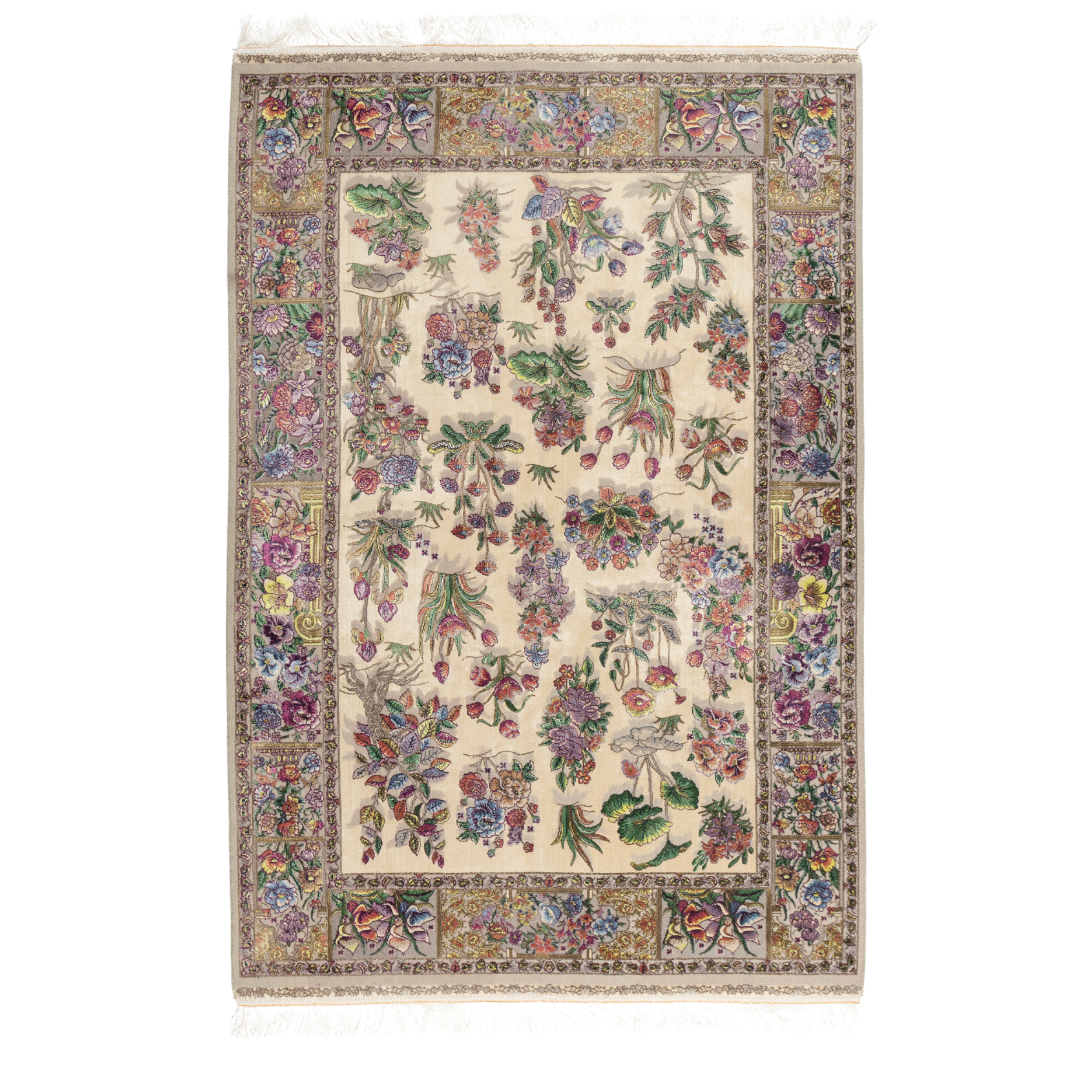 Floral silk rug in beige with multicolor detailing, handmade with intricate weaving and vibrant botanical patterns.