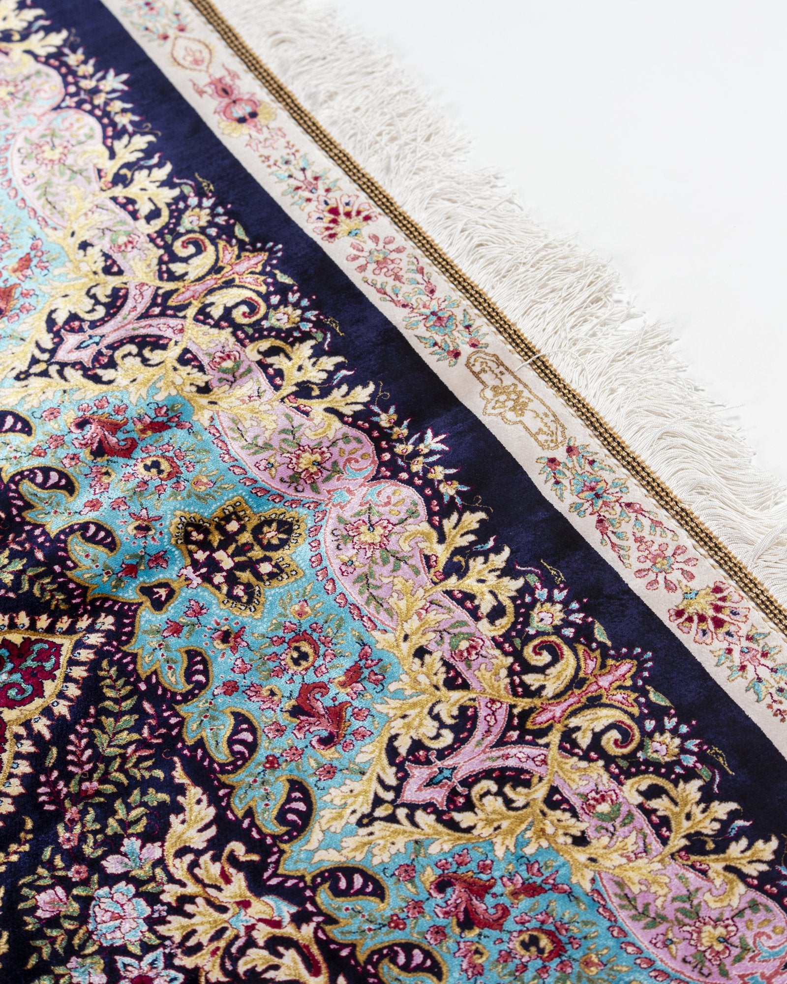reverse showing the fine silk weave on the Selene charcoal silk rug
