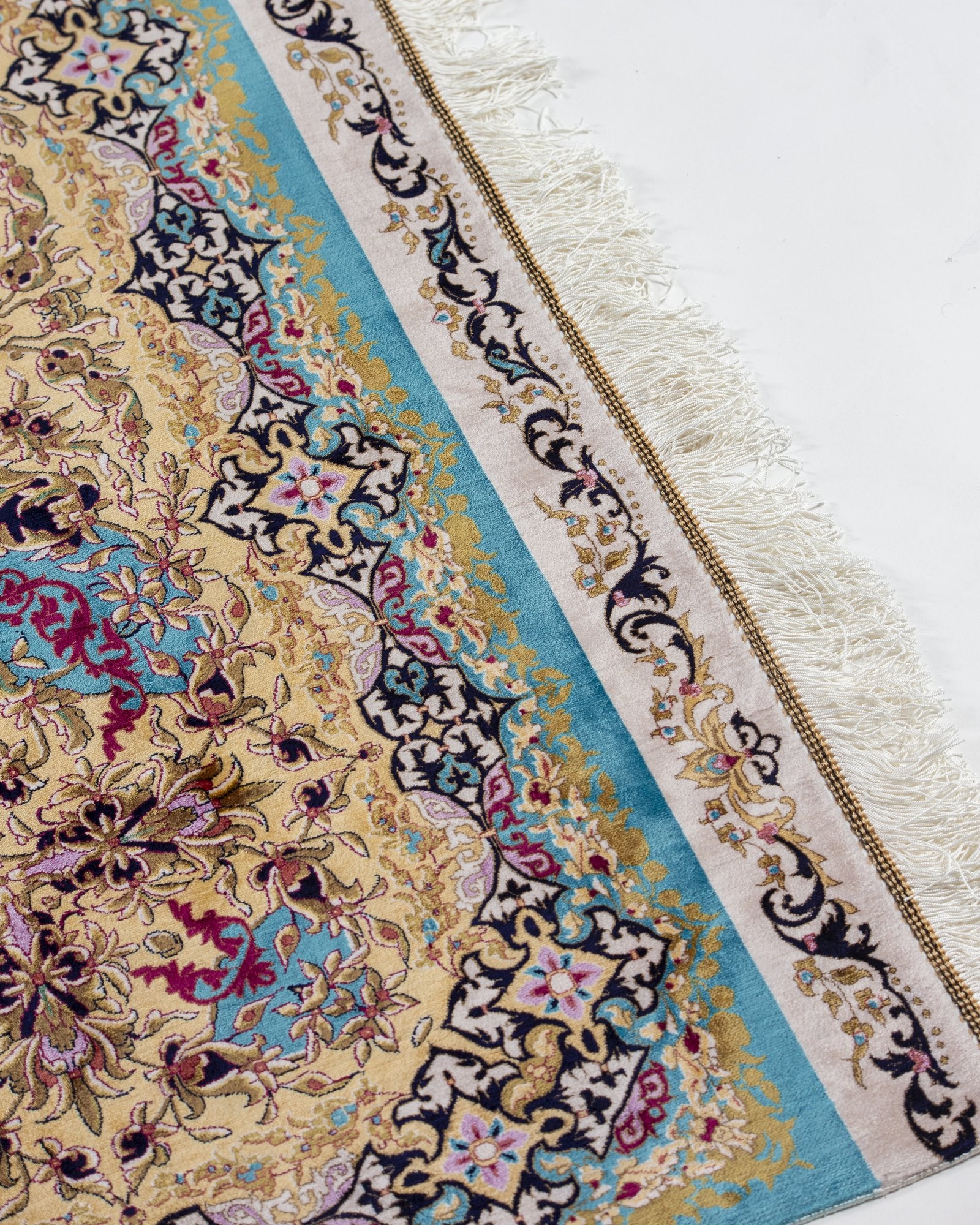 Sepideh silk carpet field pattern detail in celadon blue, 250 x 350 cm - Tabeer Homes Dubai