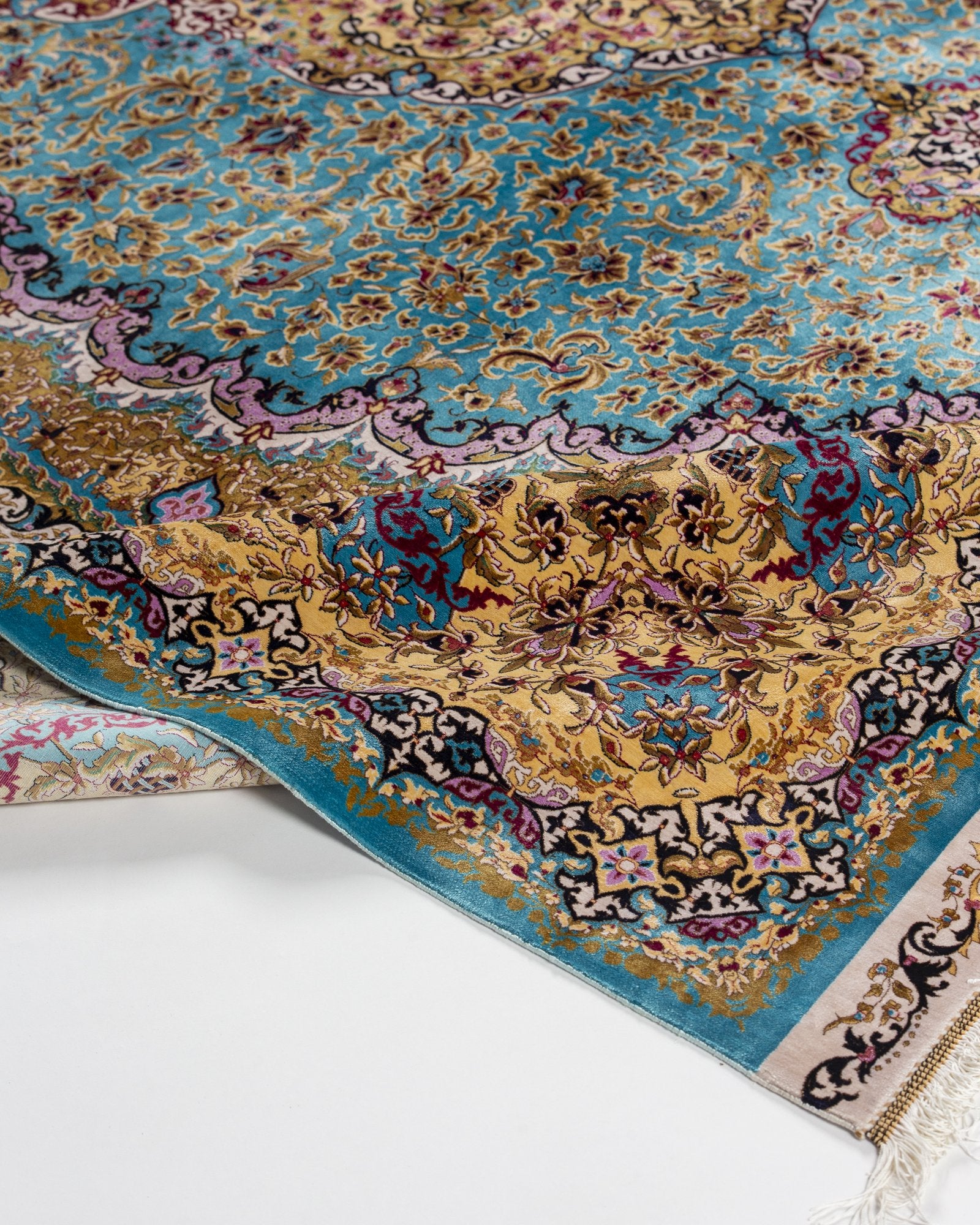 Sepideh silk carpet knot density and detail, celadon blue 250 x 350 cm - Tabeer Homes Dubai