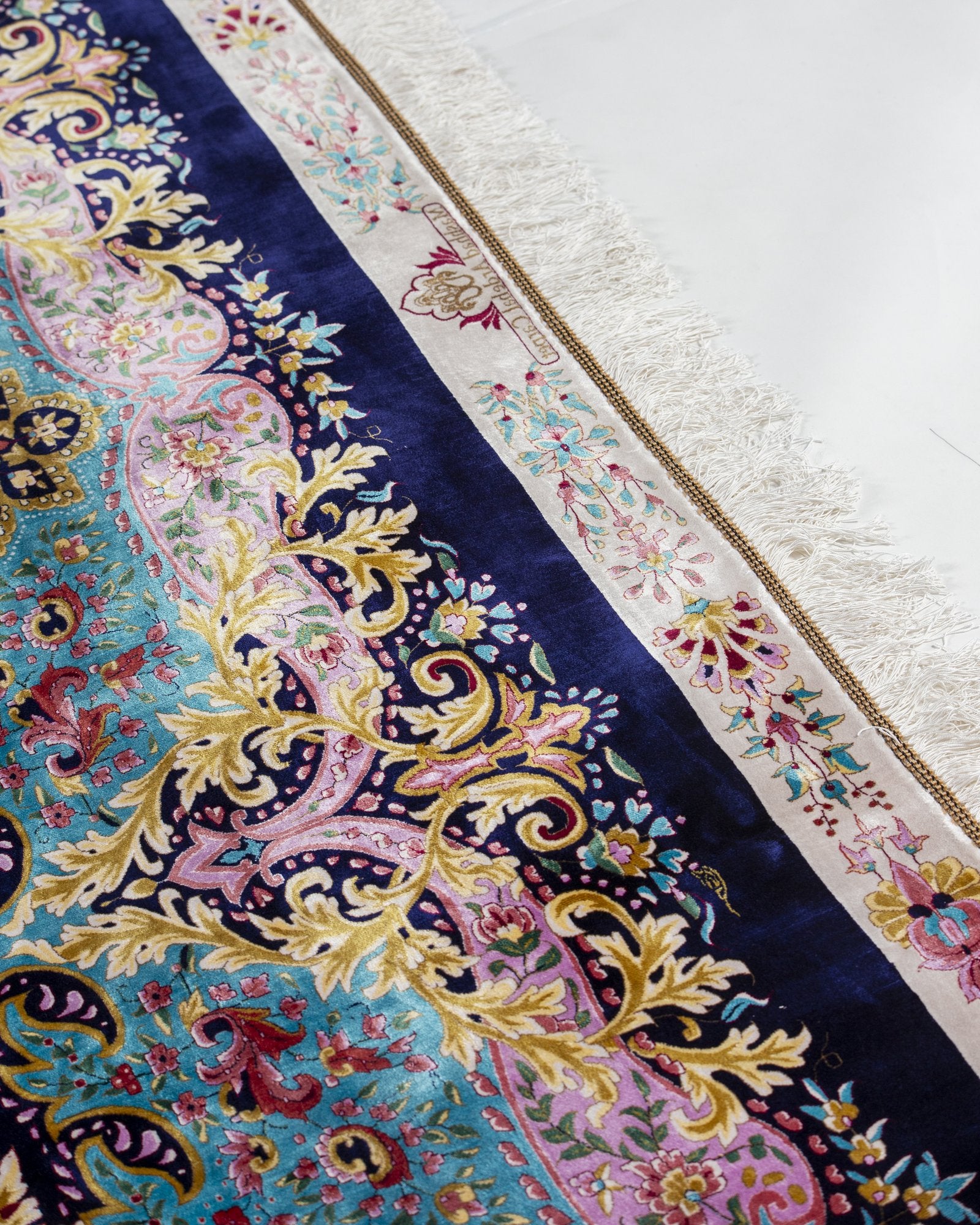 Serafina Persian silk rug fringe and selvedge detail, navy and sky blue 300 x 400 cm - Tabeer Homes Dubai
