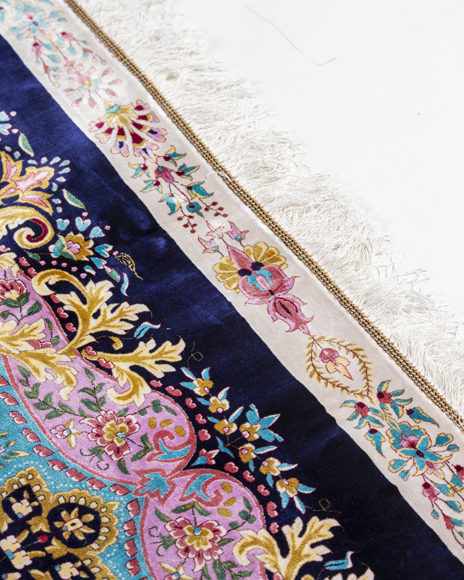 Serafina silk carpet floral motif close-up in navy and sky blue, 300 x 400 cm - Tabeer Homes Dubai