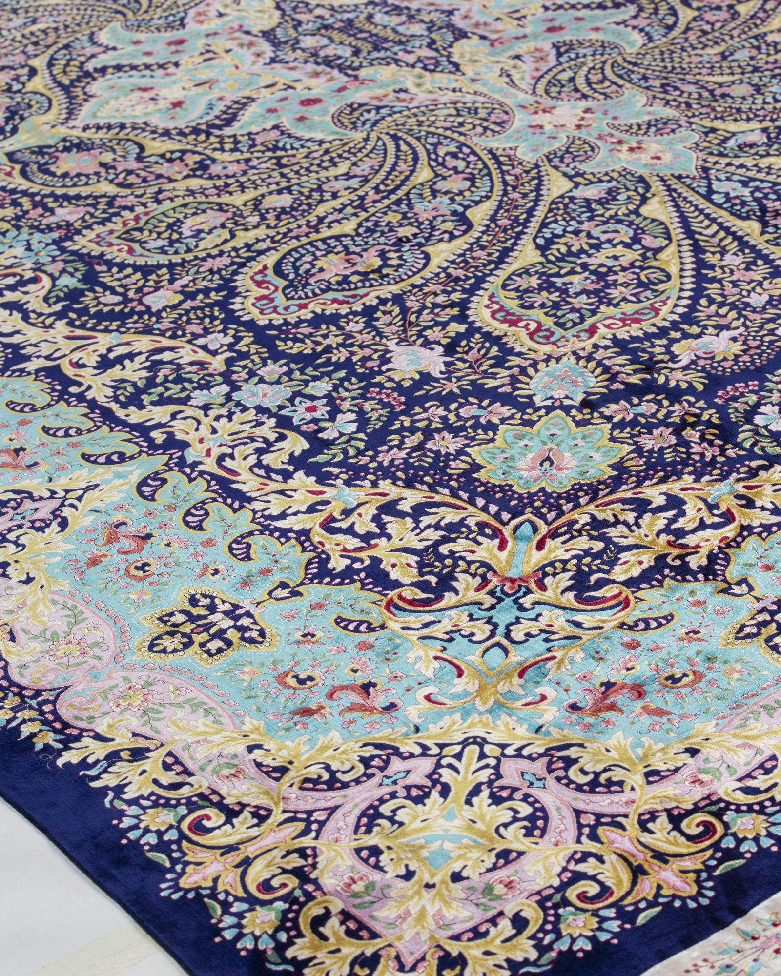 Serafina silk carpet field pattern detail in navy and sky blue, 300 x 400 cm - Tabeer Homes Dubai