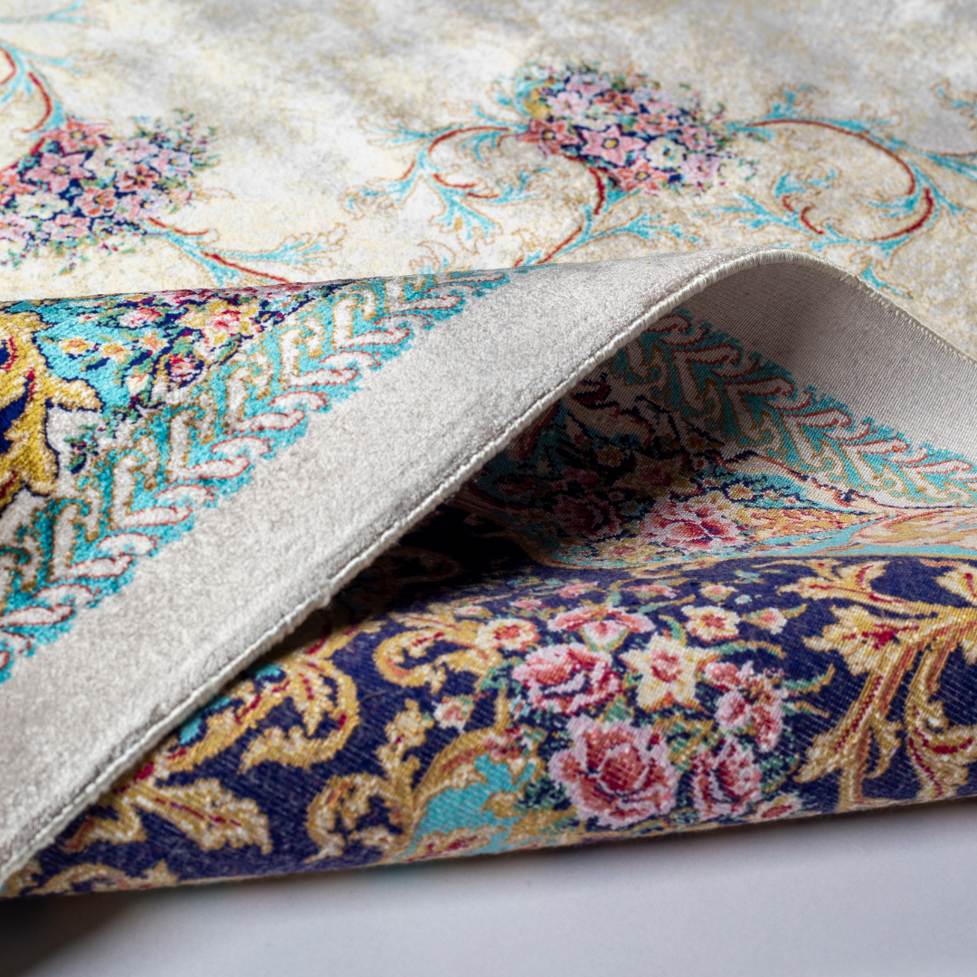 Close-up of the Seraphine silk rug showing intricate floral patterns, soft sheen and detailed design.