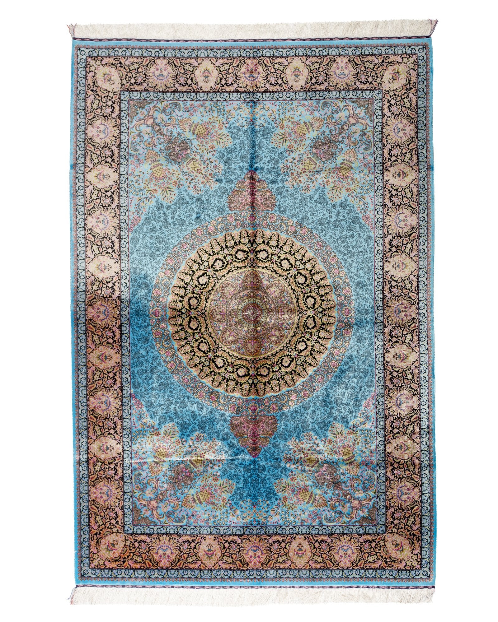 Serena turquoise silk rug 225 x 150 cms with an oval medallion design