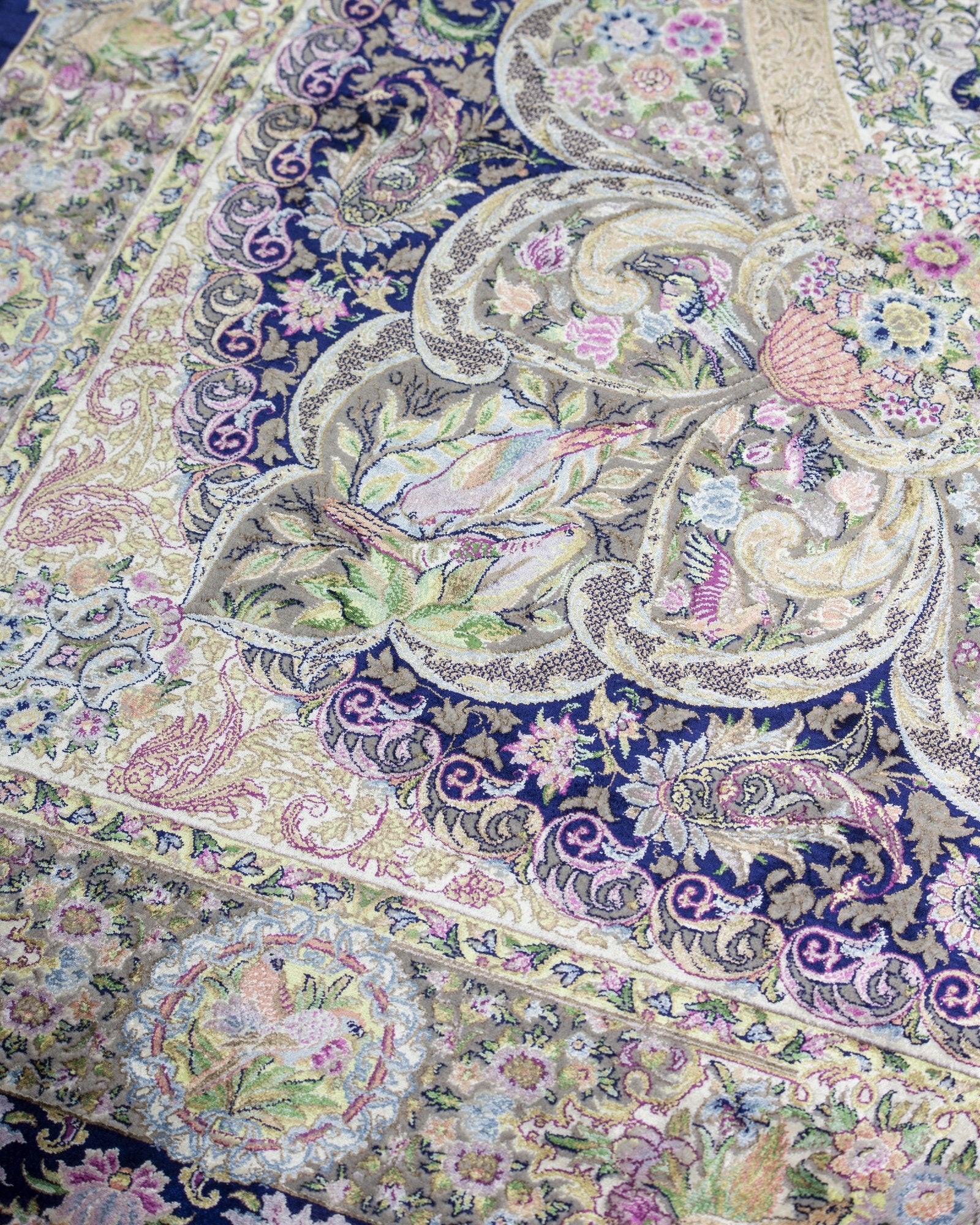 Shahrzad silk and wool carpet angled view showing navy blue tones, 200 x 300 cm - Tabeer Homes Dubai