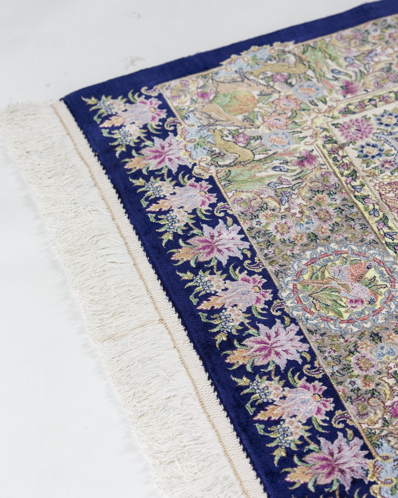 Shahrzad Persian silk and wool rug edge binding and back detail, navy blue 200 x 300 cm - Tabeer Homes Dubai