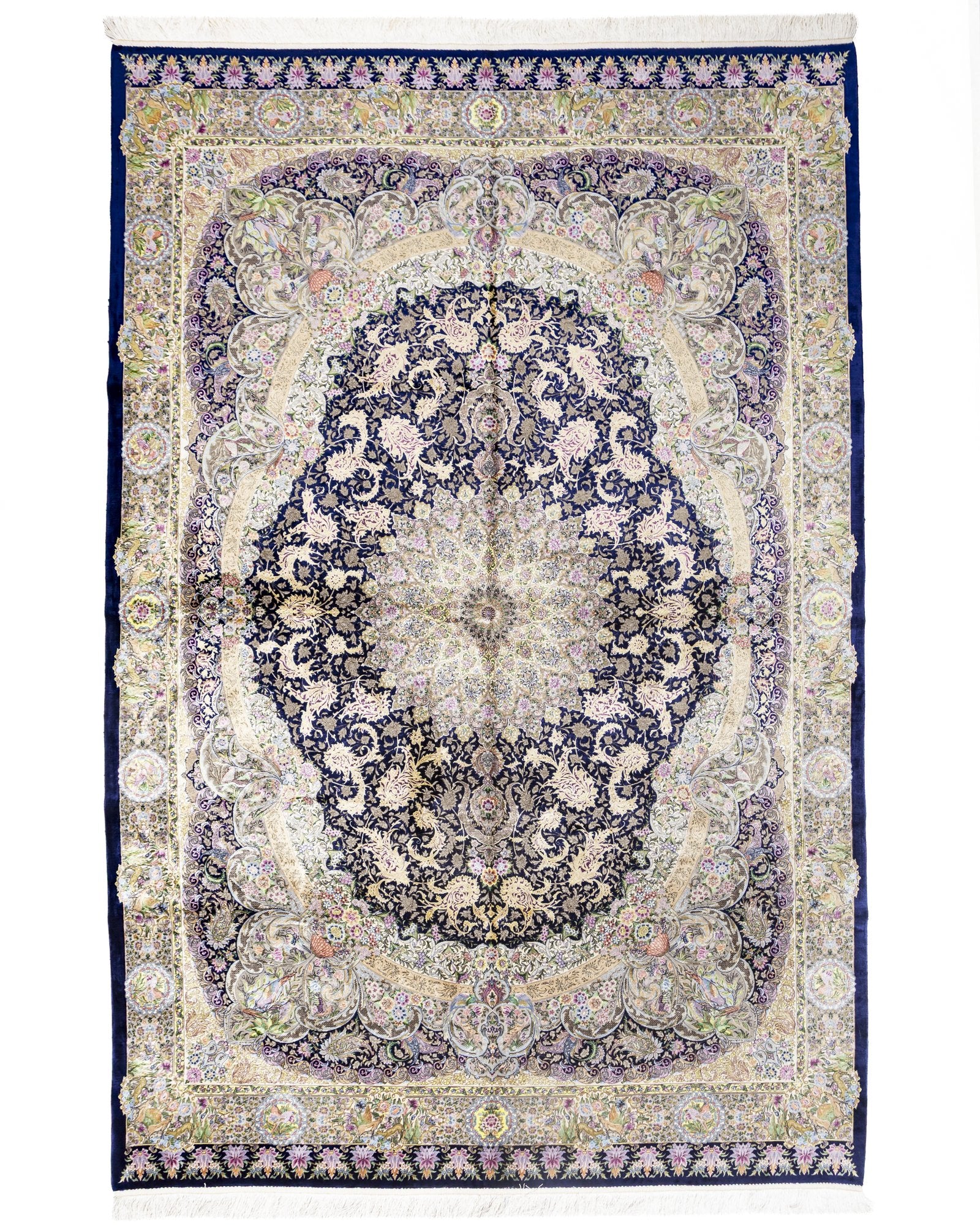 Shahrzad Persian silk and wool carpet 200 x 300 cm in navy blue, full overhead view - Tabeer Homes Dubai