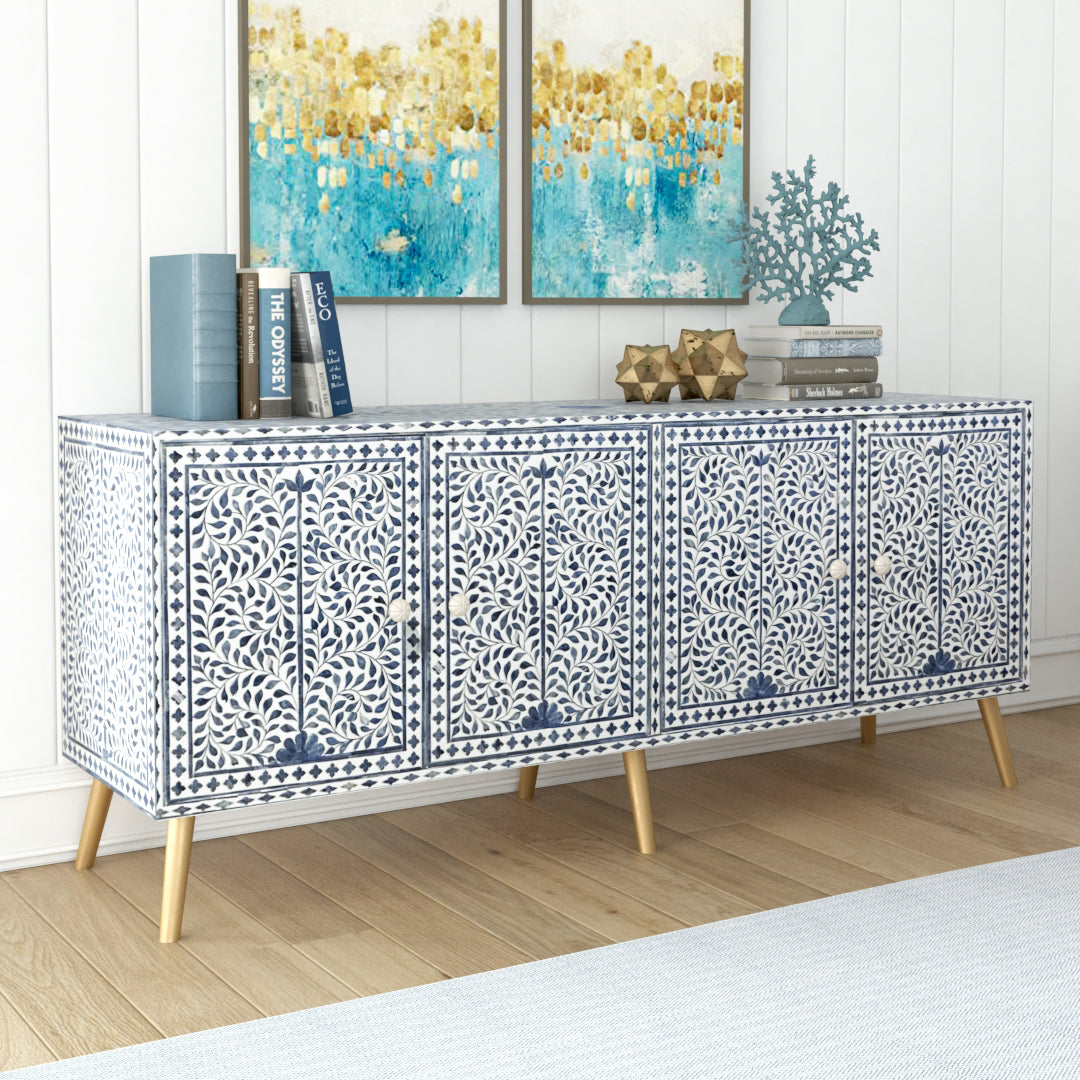 Jade TV Unit Cabinet - Blue & White Bone Inlay - Tabeer Homes