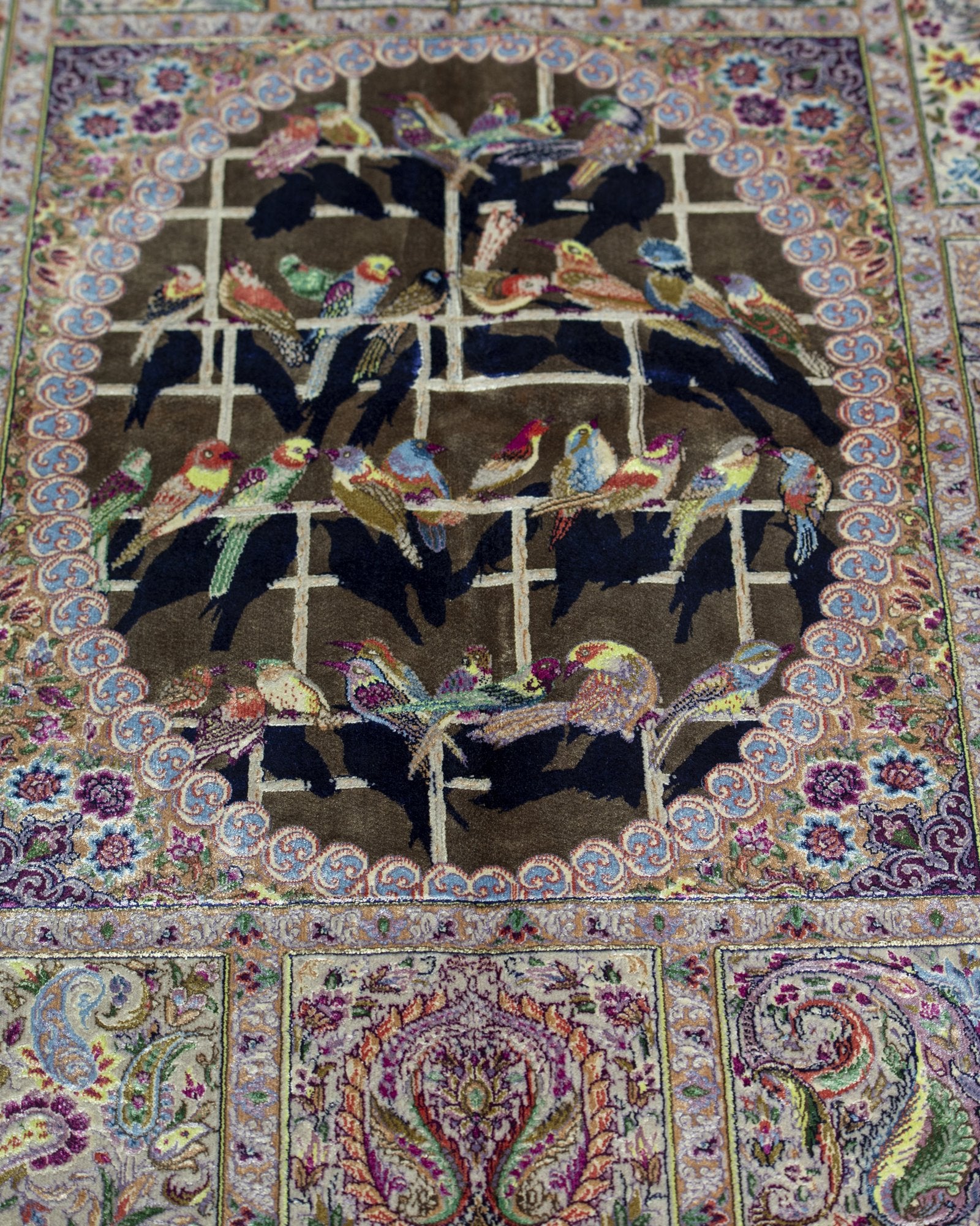 Simorgh Persian silk and wool carpet border and pattern detail, ivory 225x150 cm - Tabeer Homes Dubai