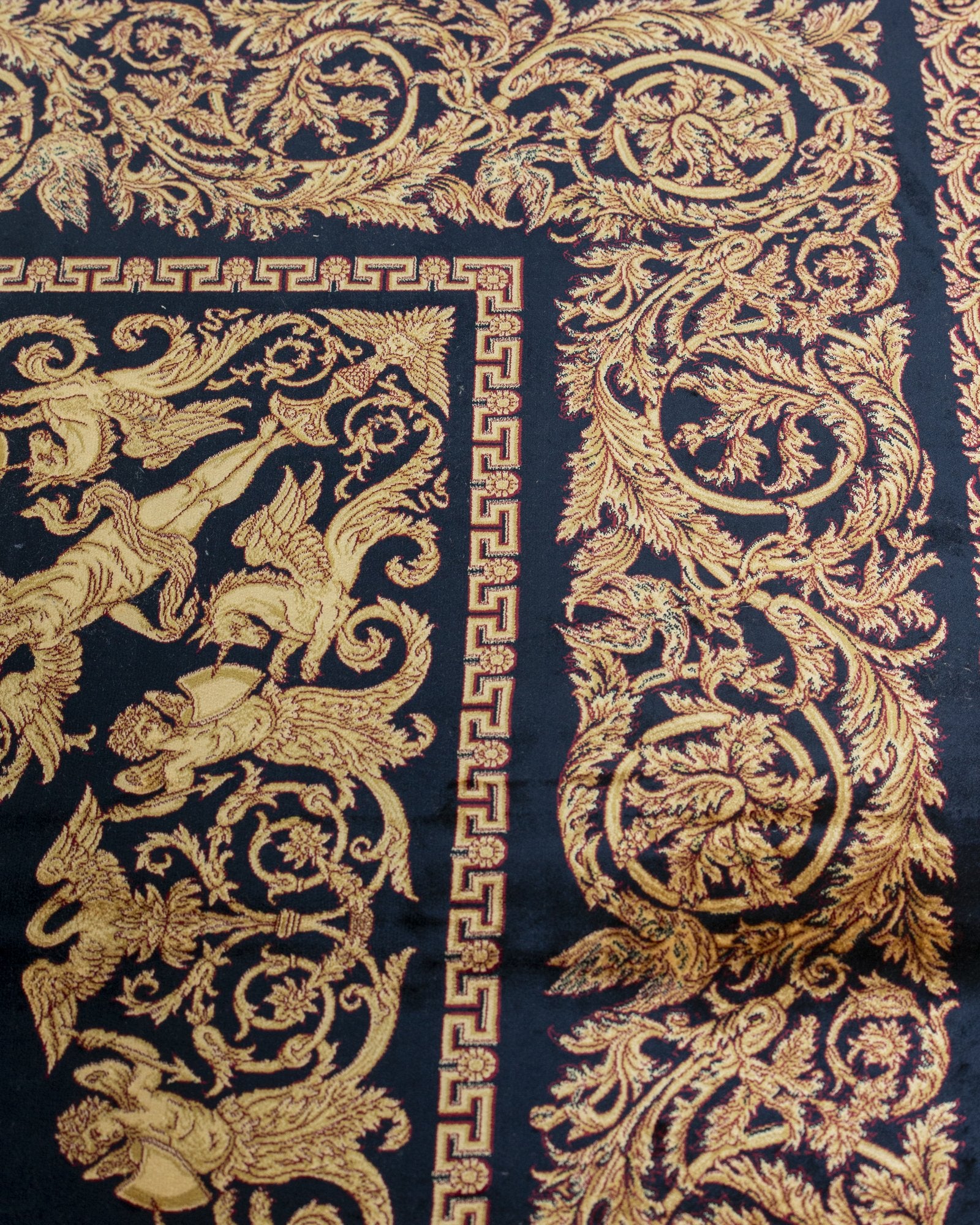 Sohrab silk carpet border and corner detail in navy and gold, 200 x 300 cm - Tabeer Homes Dubai
