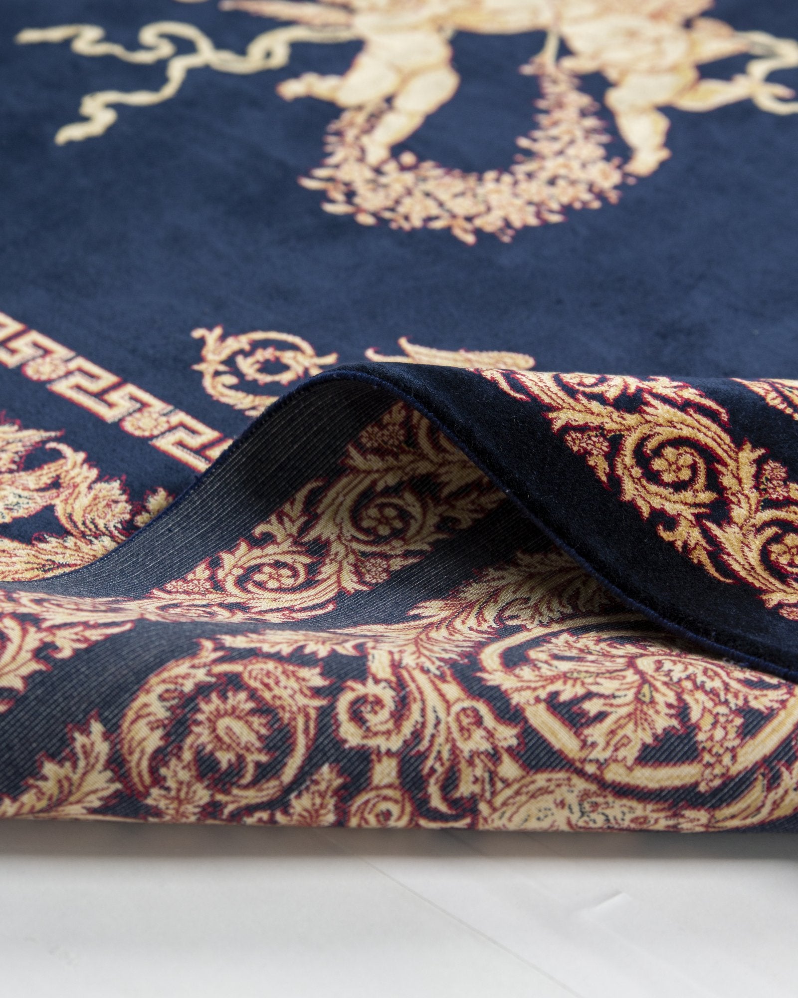 Sohrab silk carpet field pattern detail in navy and gold, 200 x 300 cm - Tabeer Homes Dubai