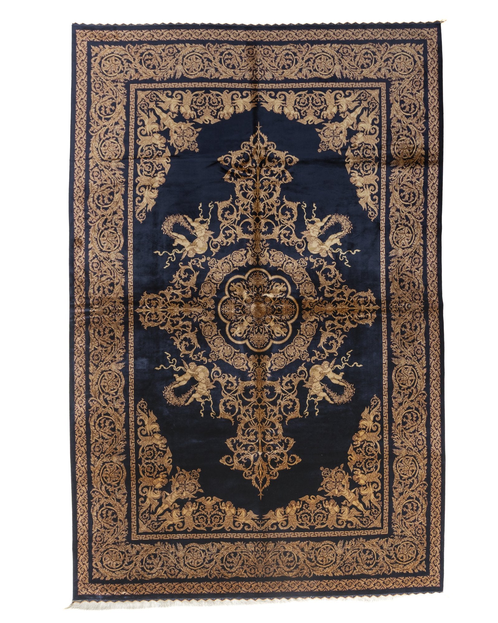 Sohrab Persian silk carpet 200 x 300 cm in navy and gold, full overhead view - Tabeer Homes Dubai